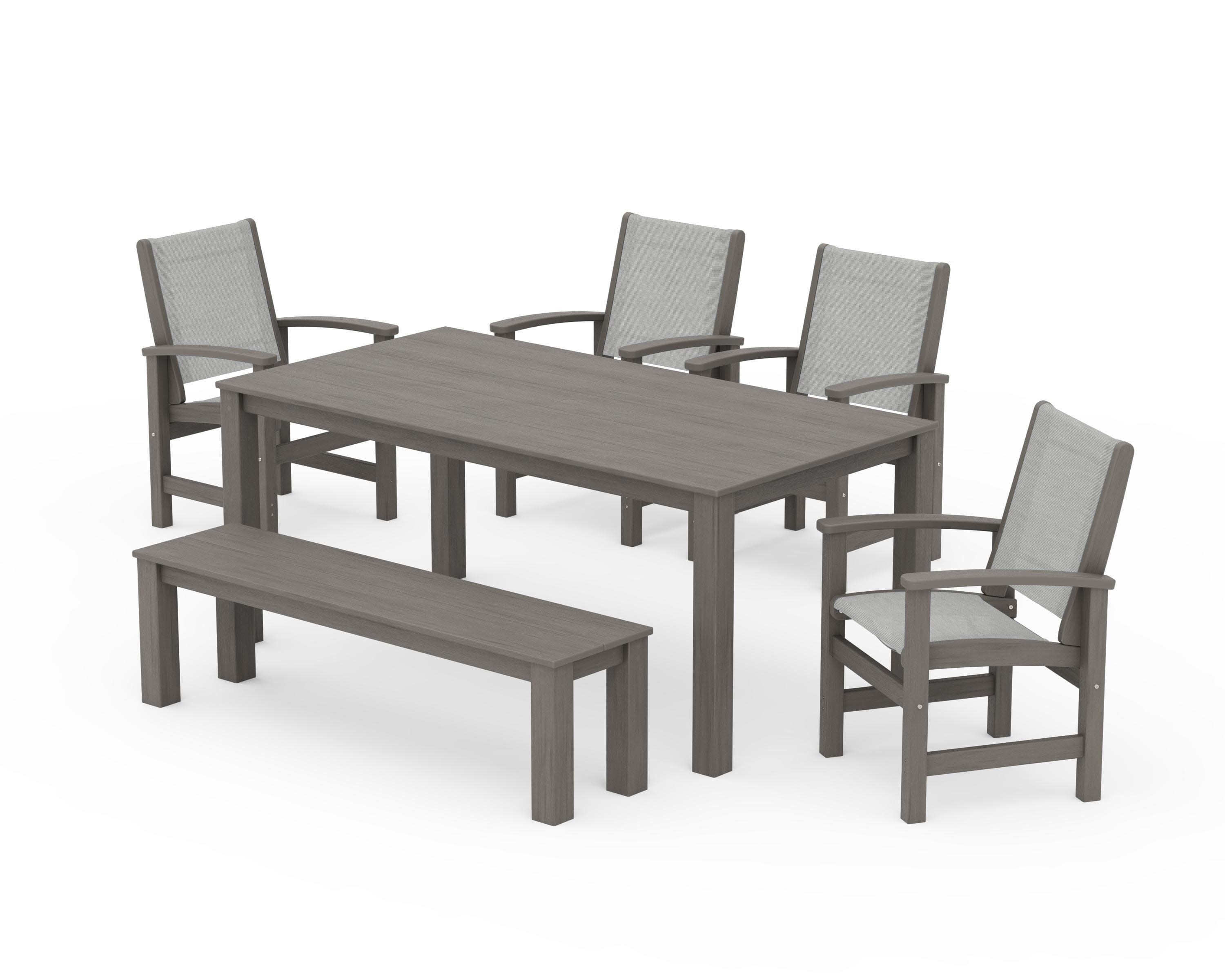Coastal 6-Piece Parsons Dining Set with Bench in Driftwood / Metallic Sling