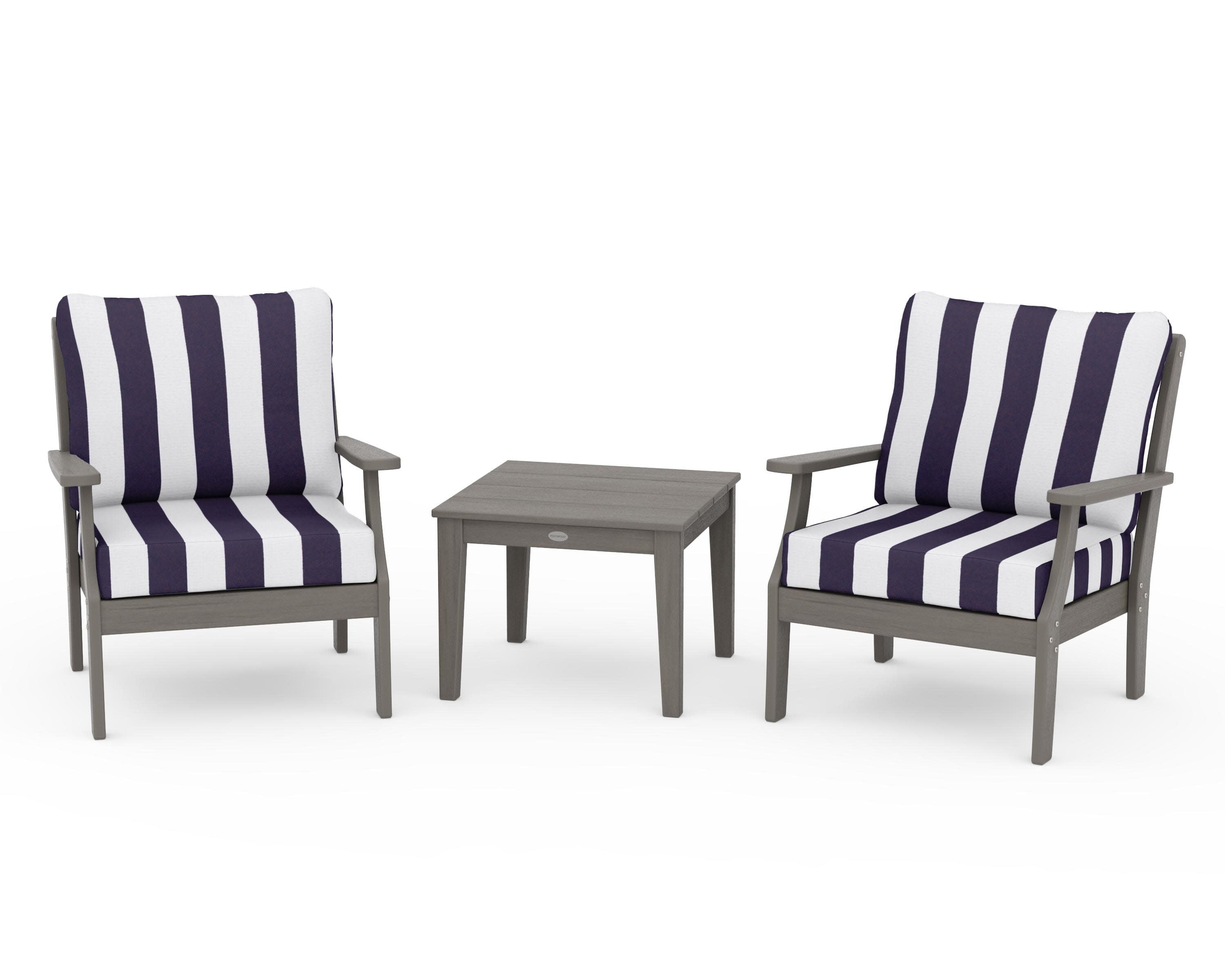 Braxton 3-Piece Deep Seating Set in Driftwood / Cabana Stripe Navy