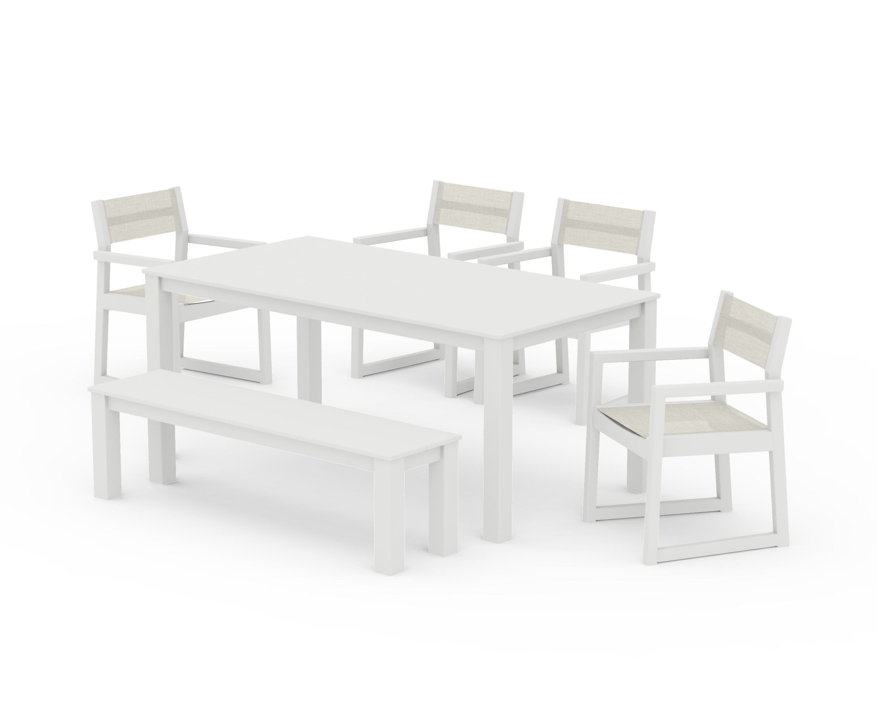 EDGE Sling Arm Chair 6-Piece Parsons Dining Set with Bench in Vintage White / Parchment Sling