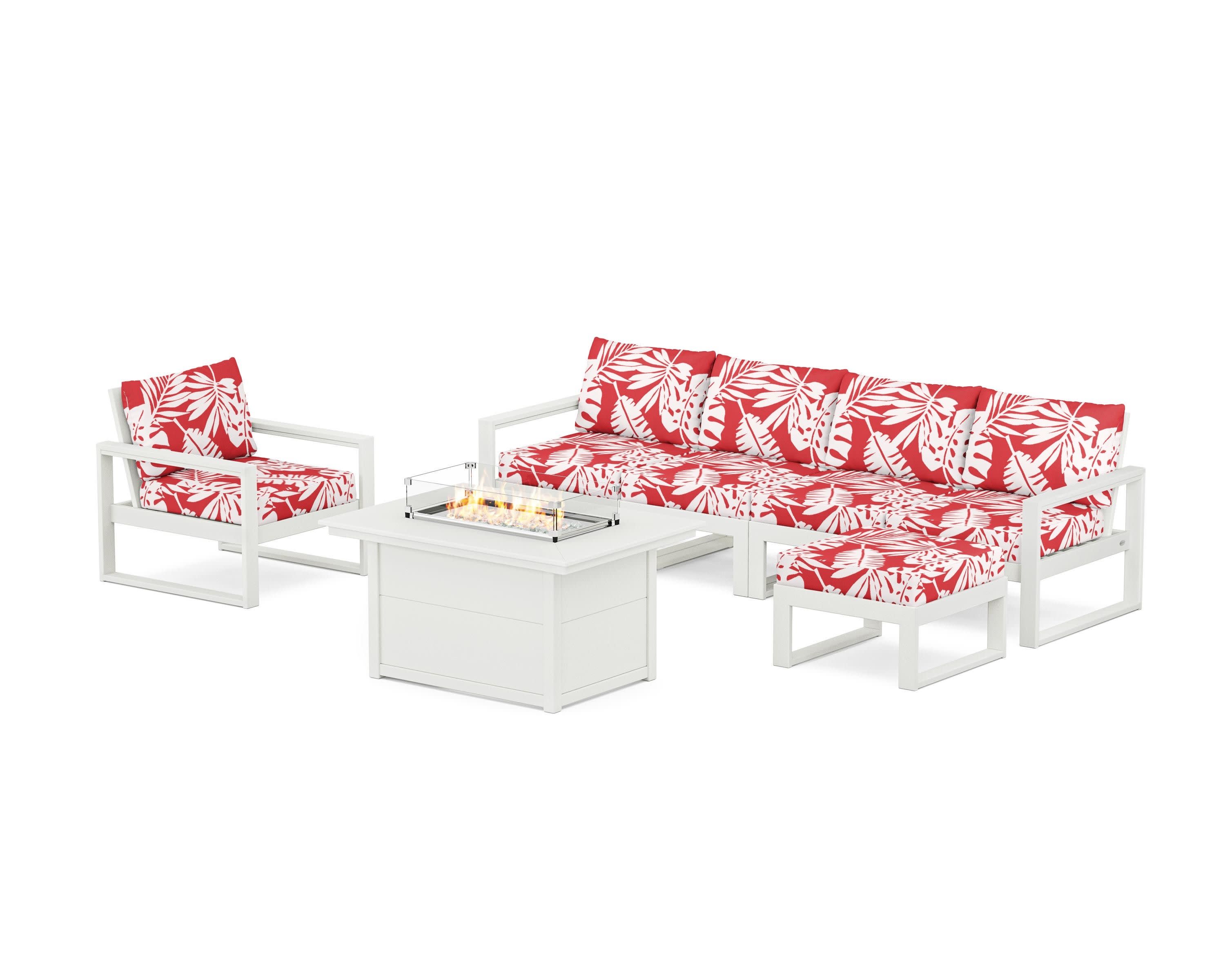 EDGE Sectional Lounge and Fire Pit Set in Vintage White / Leaf Crimson