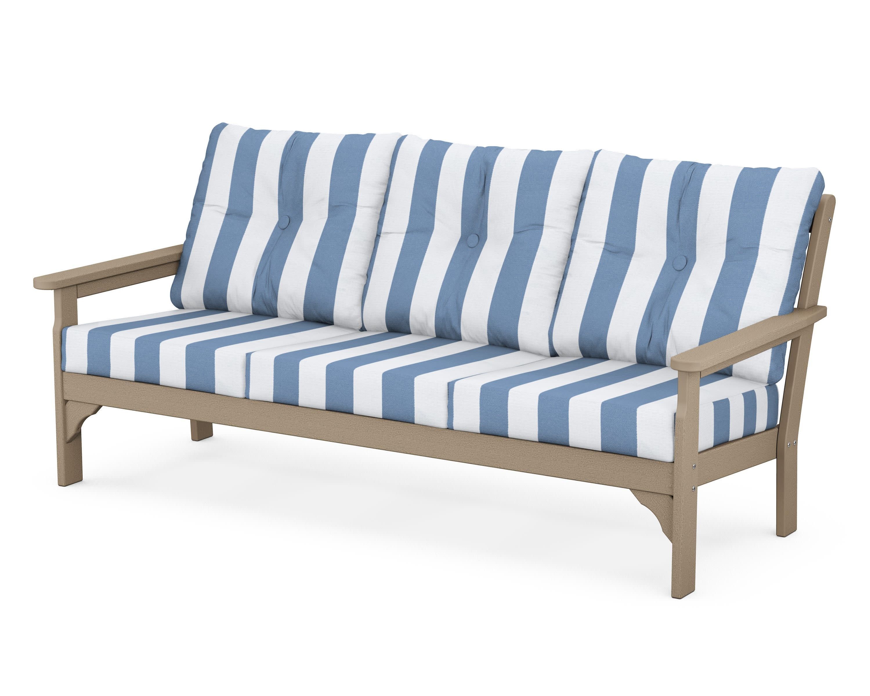 Vineyard Deep Seating Sofa in Vintage Sahara / Cabana Stripe Sky Blue