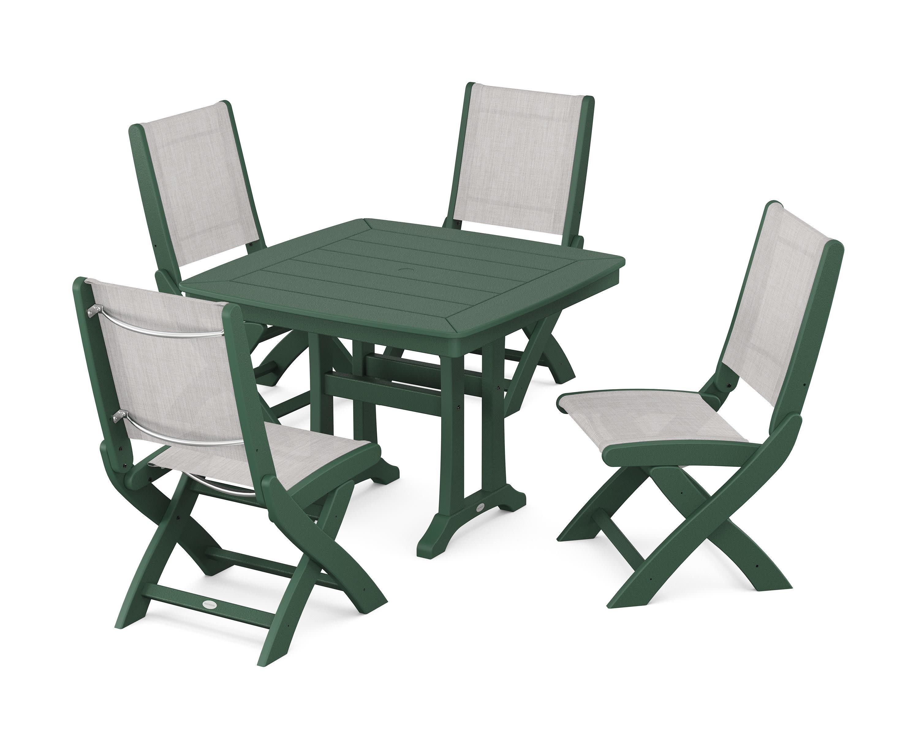 Coastal Folding Side Chair 5-Piece Dining Set with Trestle Legs in Green / Parchment Sling