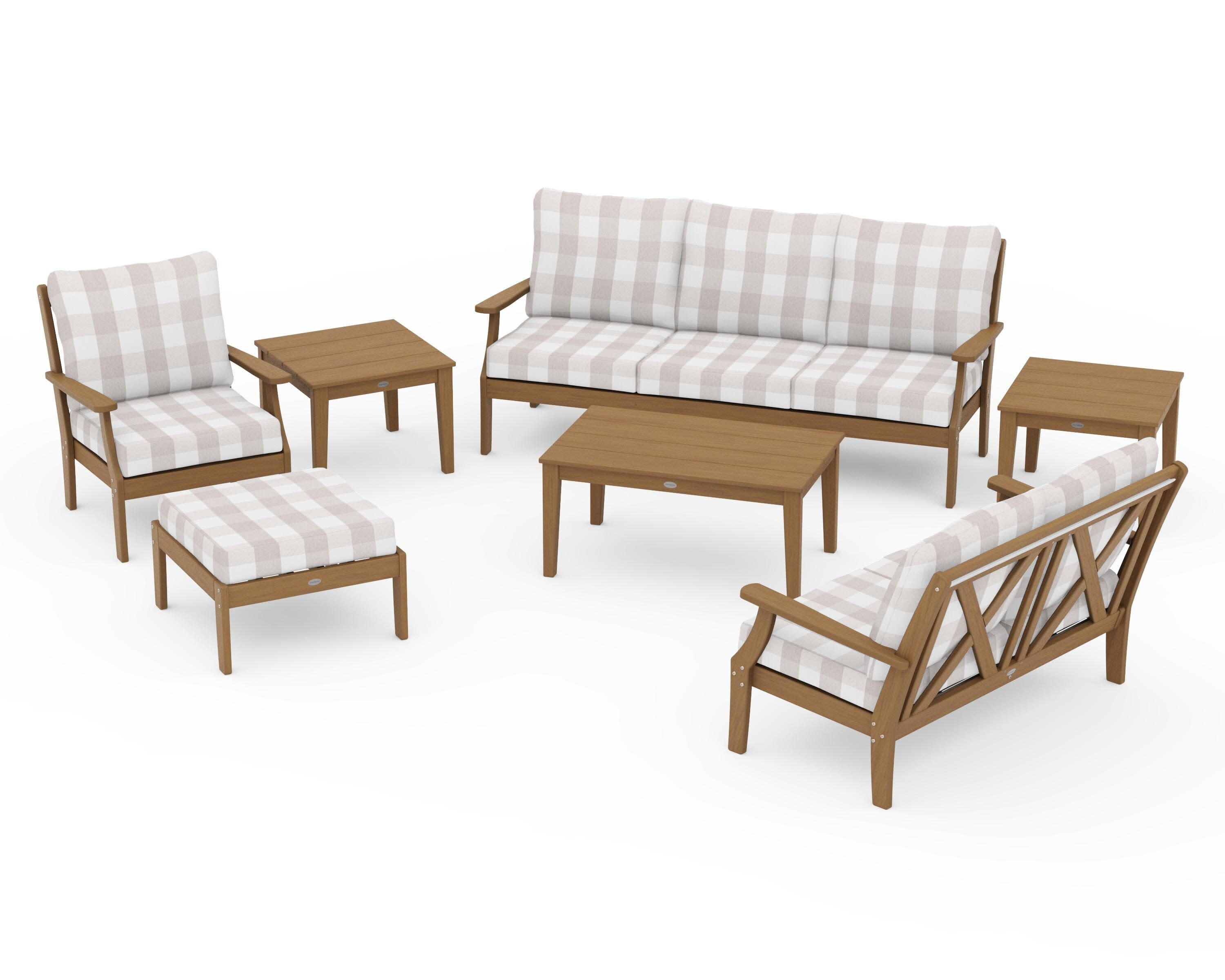 Braxton 7-Piece Deep Seating Set in Natural / Buffalo Plaid Dune Burlap