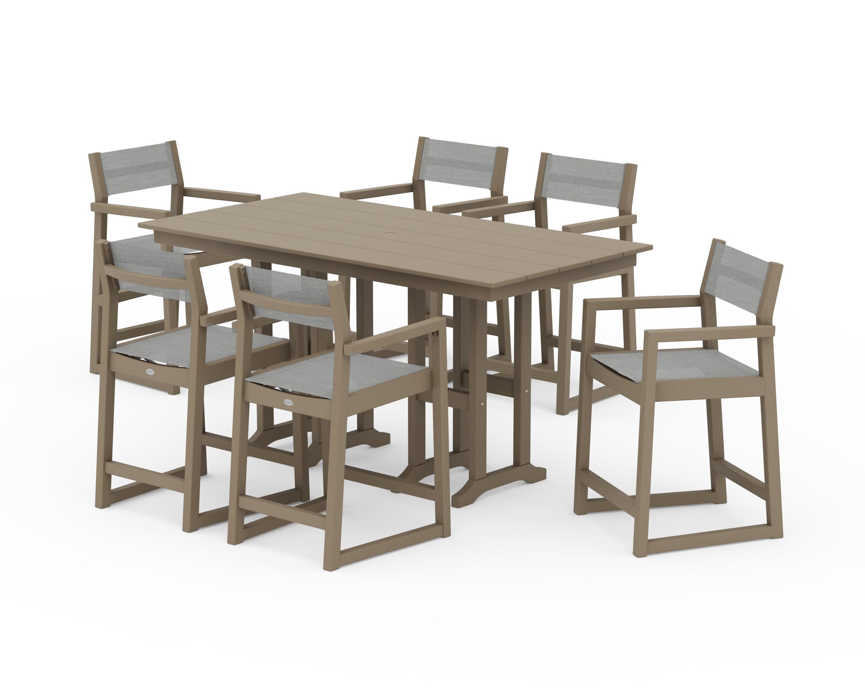 EDGE Sling Arm Chair 7-Piece Farmhouse Counter Set in Vintage Sahara / Metallic Sling