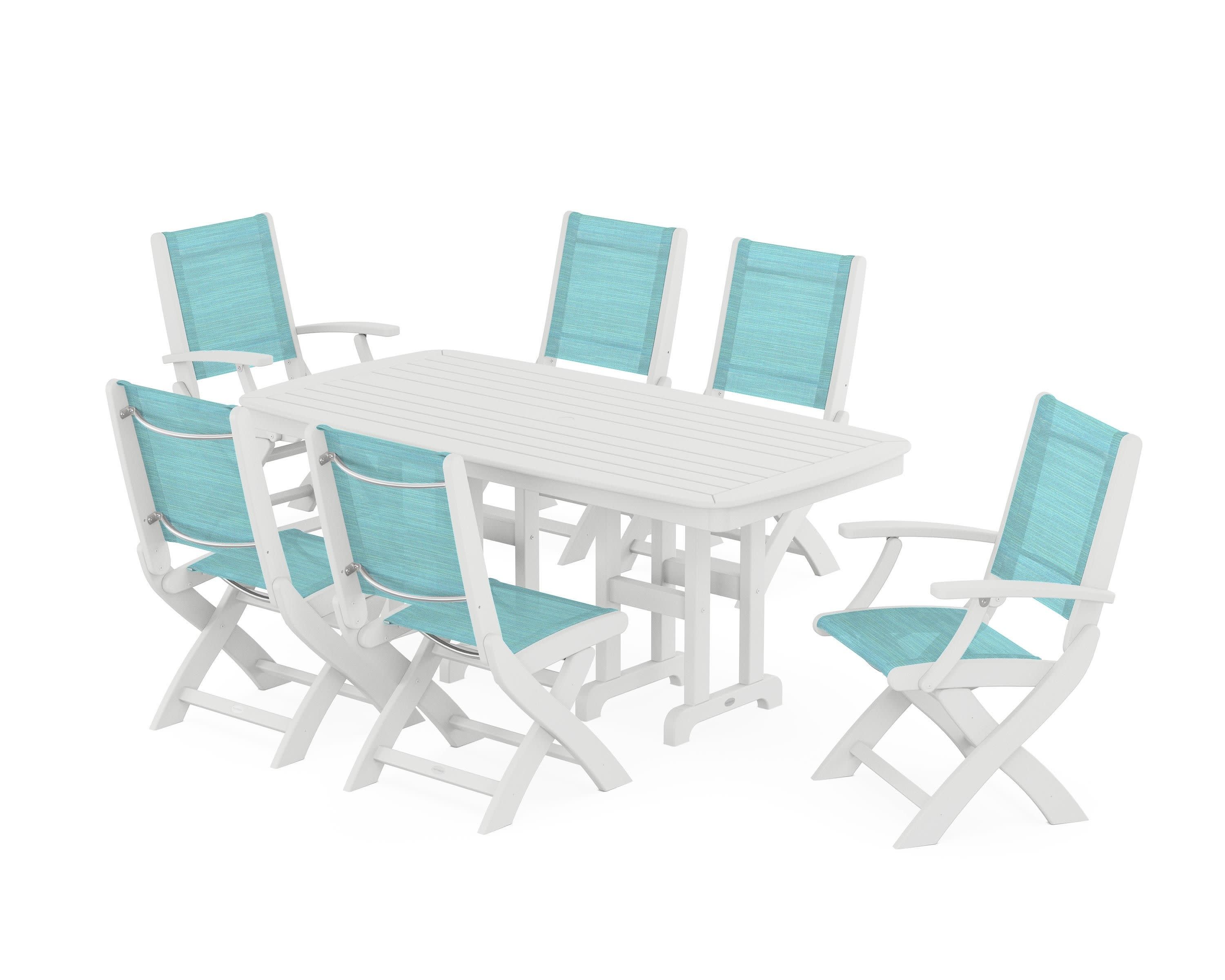 Coastal Folding Chair 7-Piece Dining Set in White / Dupioni Aquamarine Sling