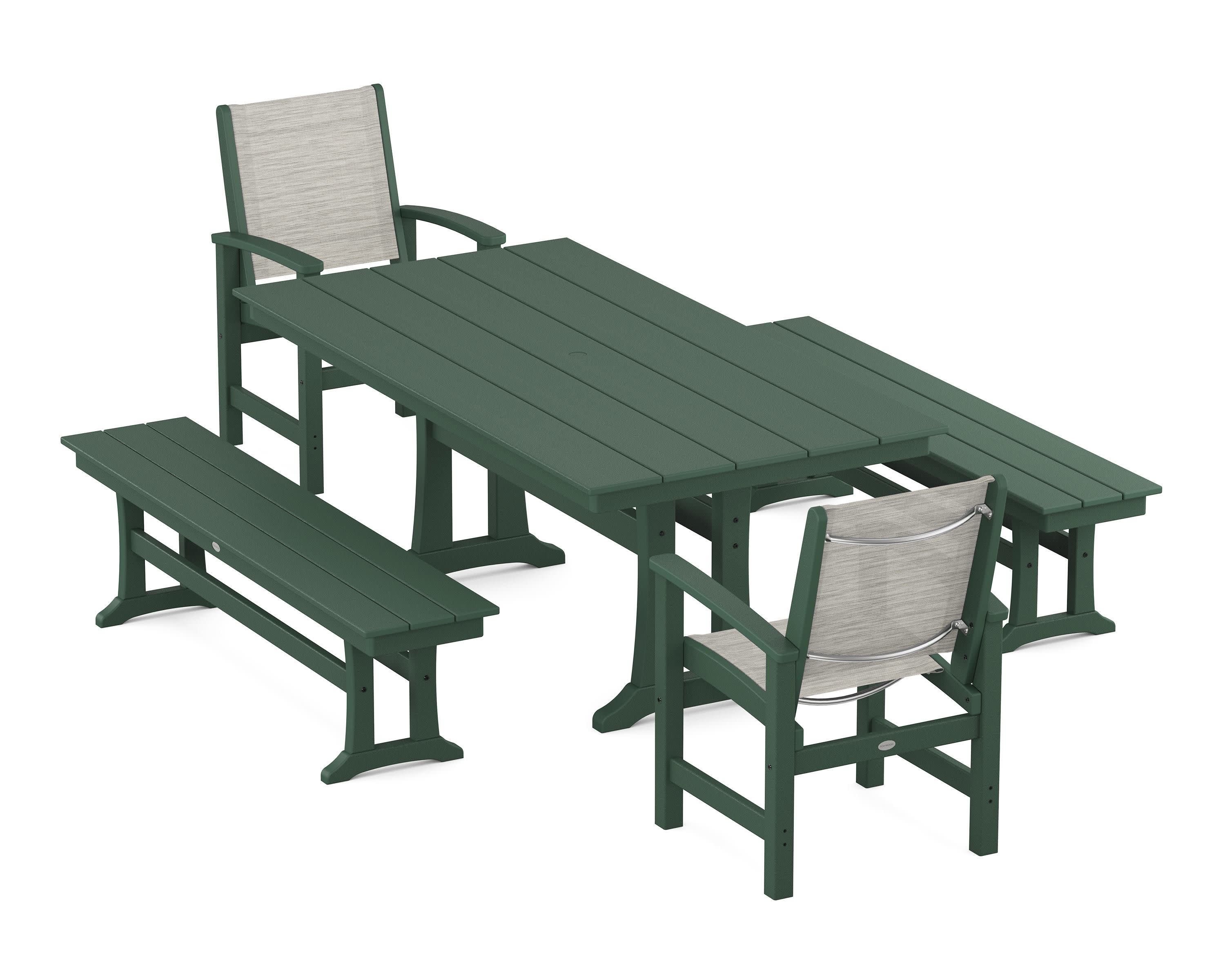 Coastal 5-Piece Farmhouse Dining Set with Trestle Legs and Benches in Green / Birch Sling