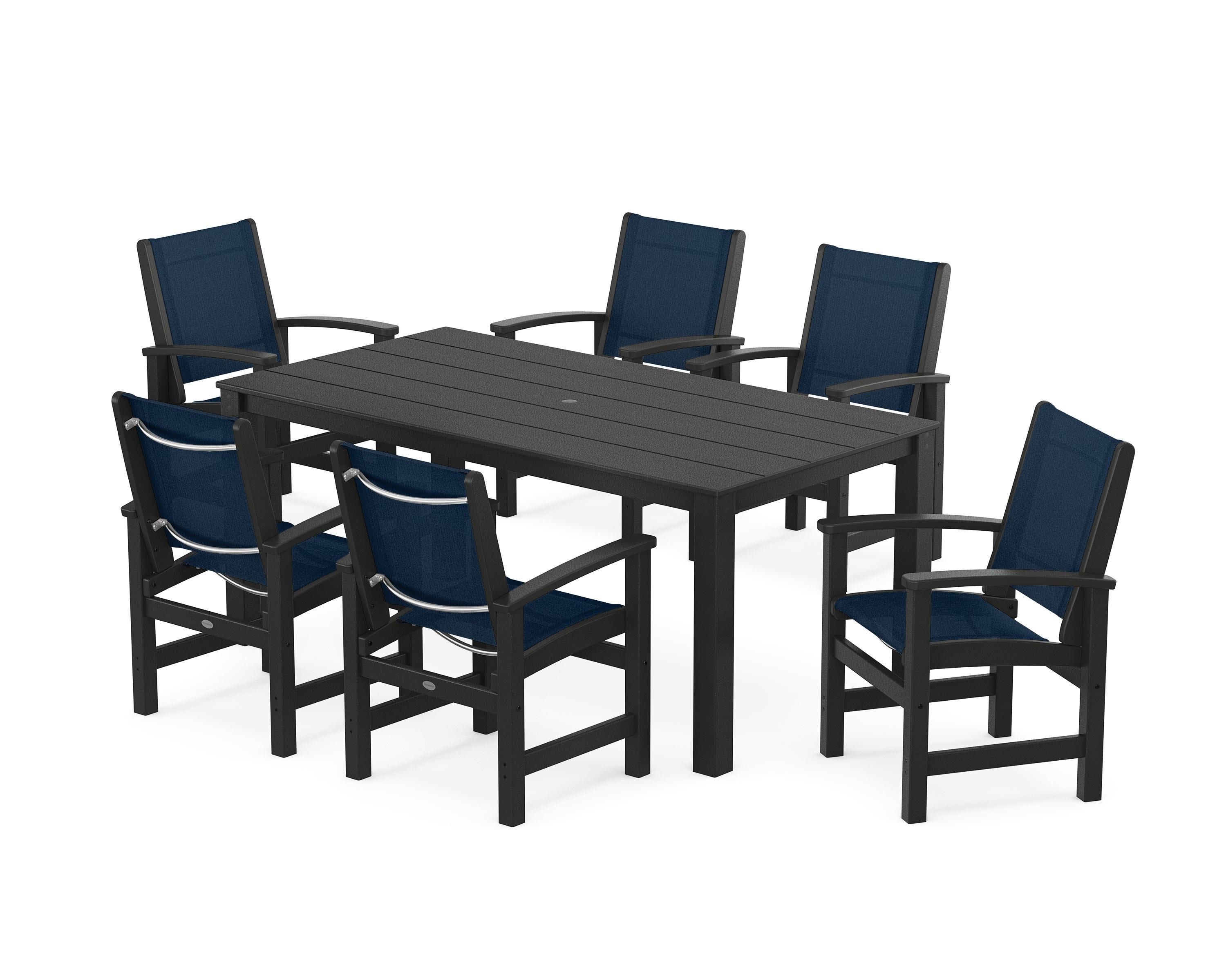 Coastal 7-Piece Parsons Dining Set in Black / Navy Blue Sling