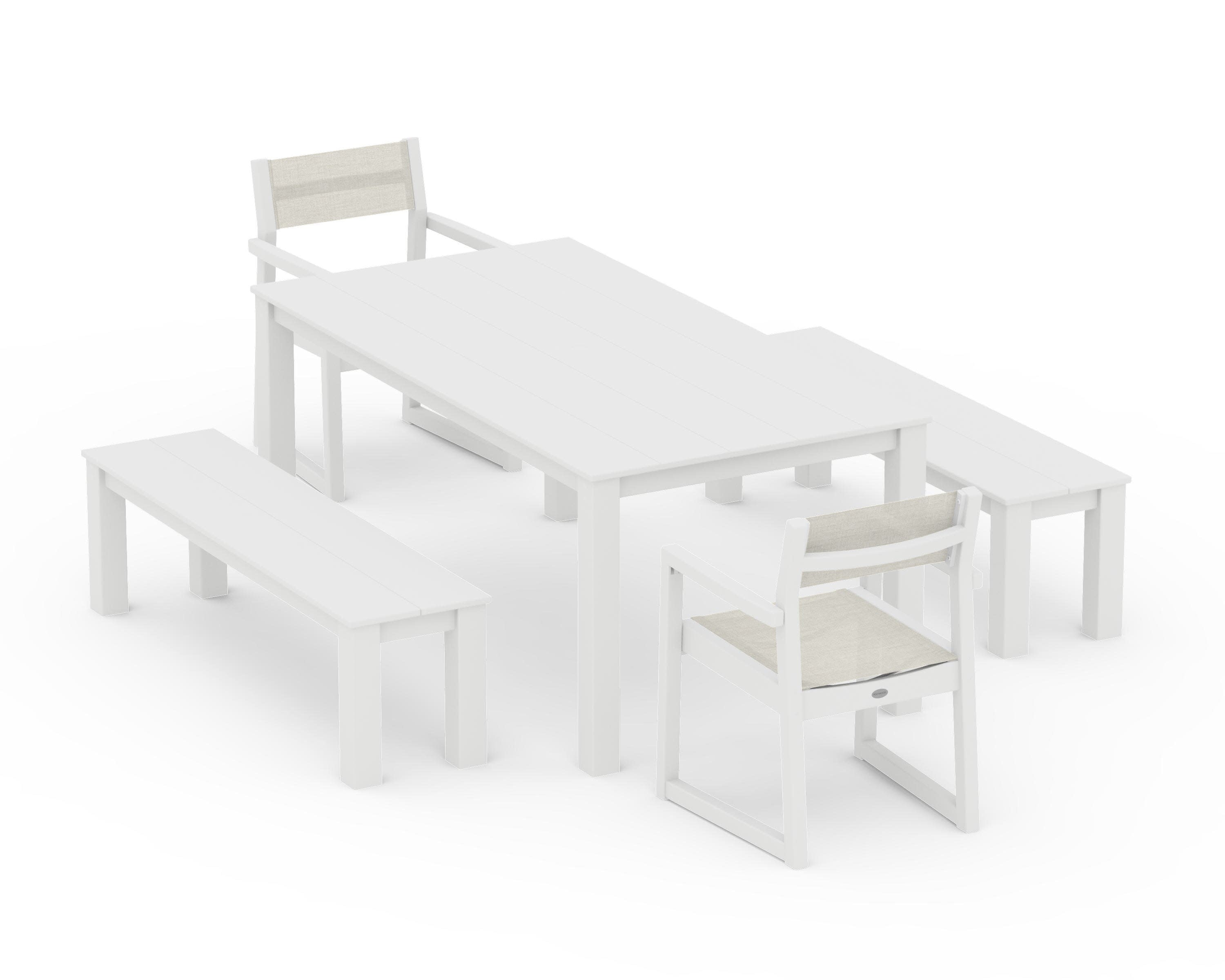 EDGE Sling Arm Chair 5-Piece Parsons Dining Set with Benches in White / Parchment Sling