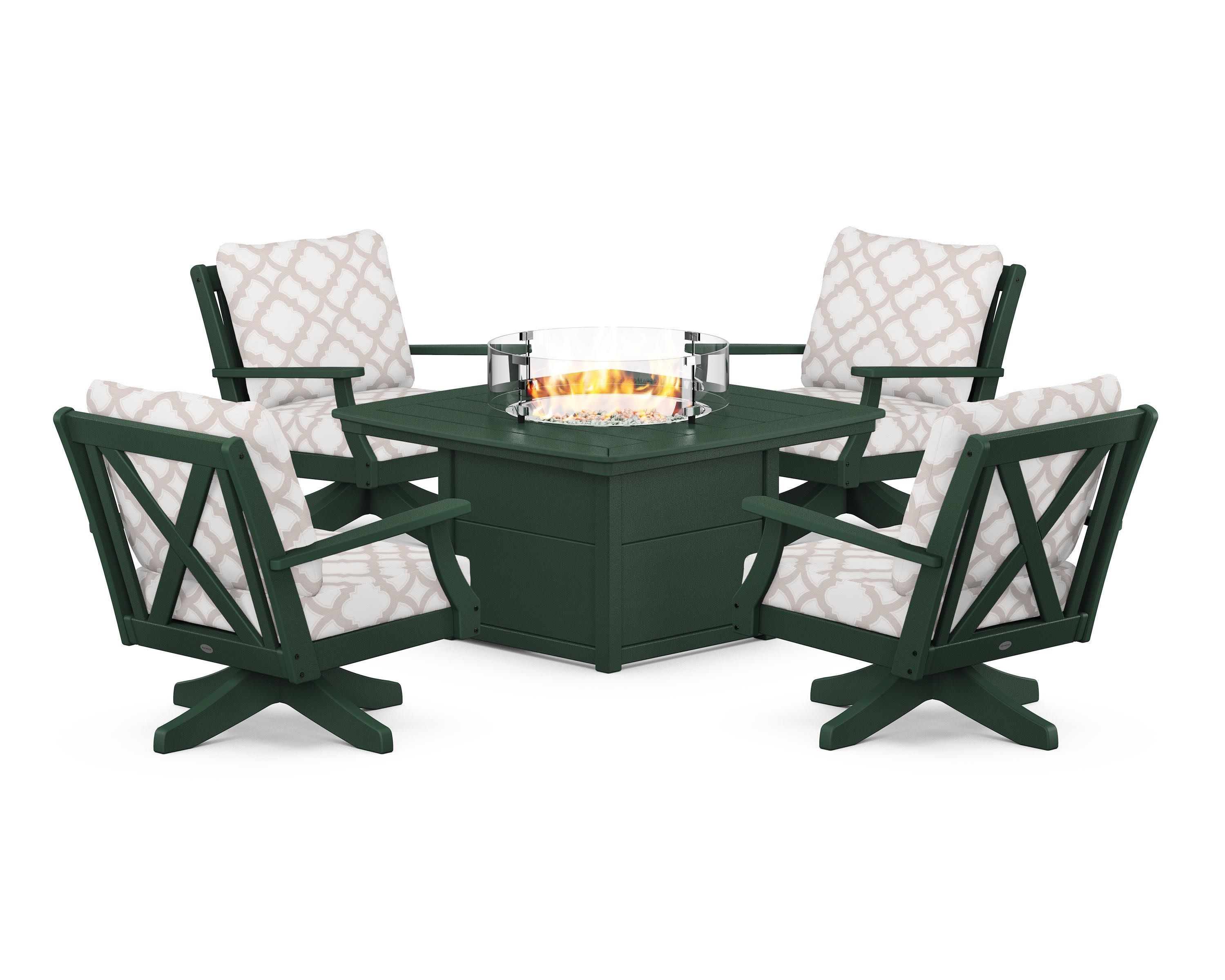 Braxton 5-Piece Deep Seating Swivel Conversation Set with Fire Pit Table in Green / Trellis Dune Burlap