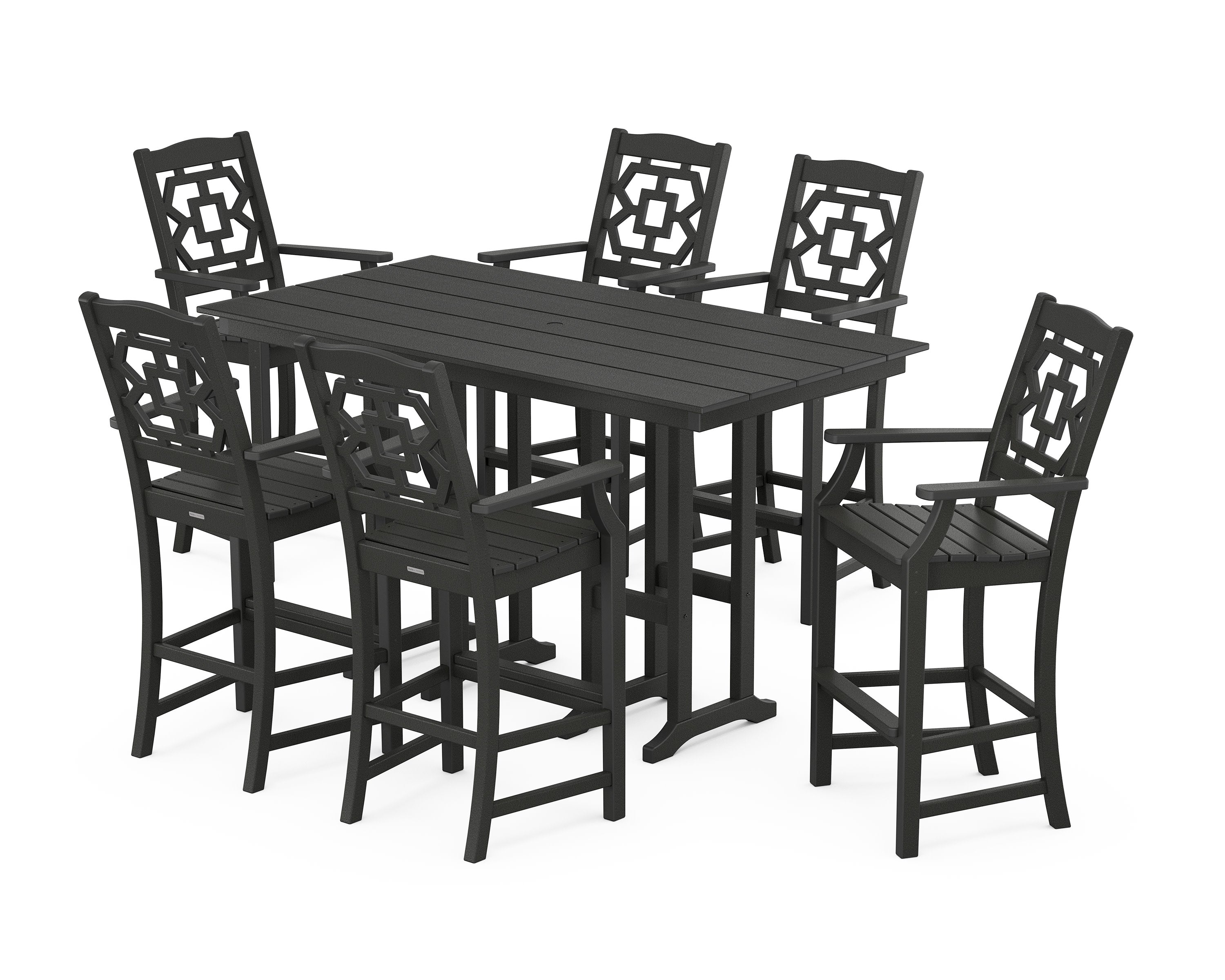 Chinoiserie Arm Chair 7-Piece Farmhouse Bar Set in Black