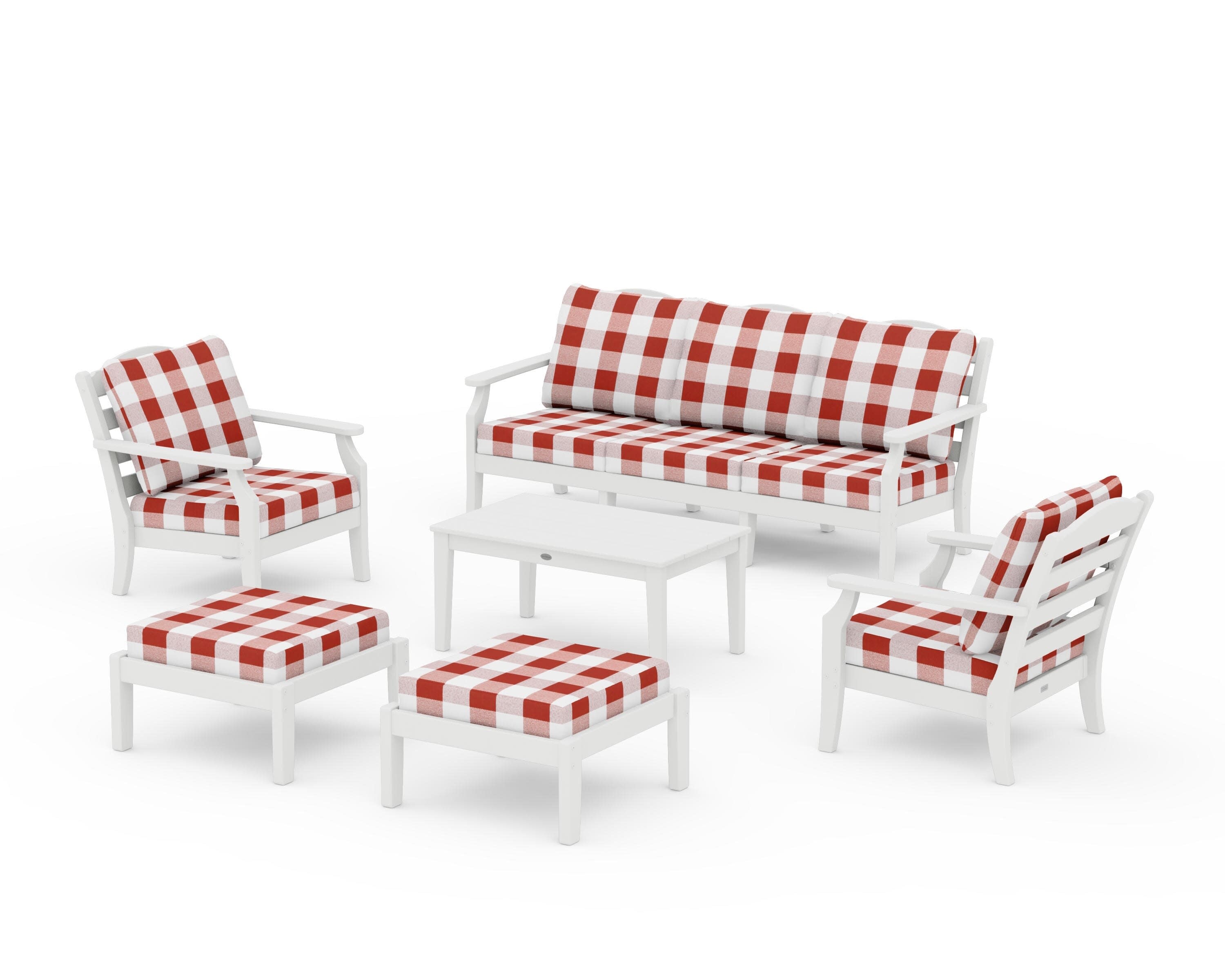 Savannah 6-Piece Lounge Sofa Set in White / Buffalo Plaid Crimson