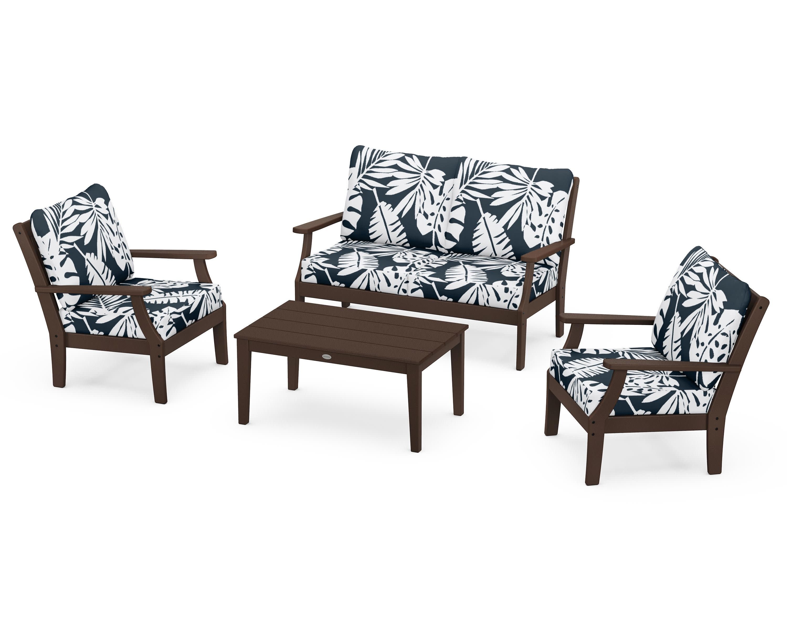 Braxton 4-Piece Deep Seating Chair Set in Mahogany / Leaf Marine Indigo