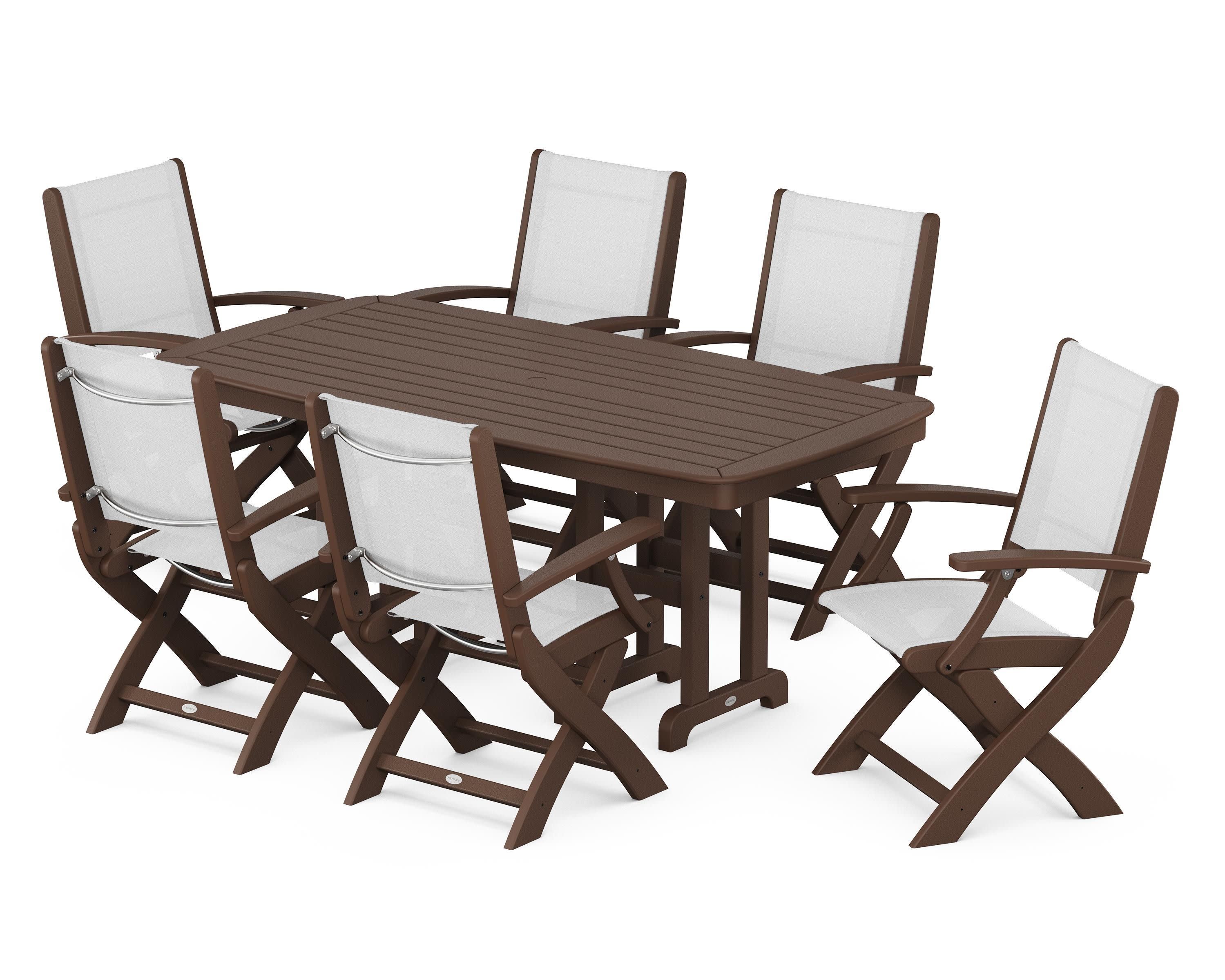 Coastal Folding Arm Chair 7-Piece Dining Set in Mahogany / White Sling