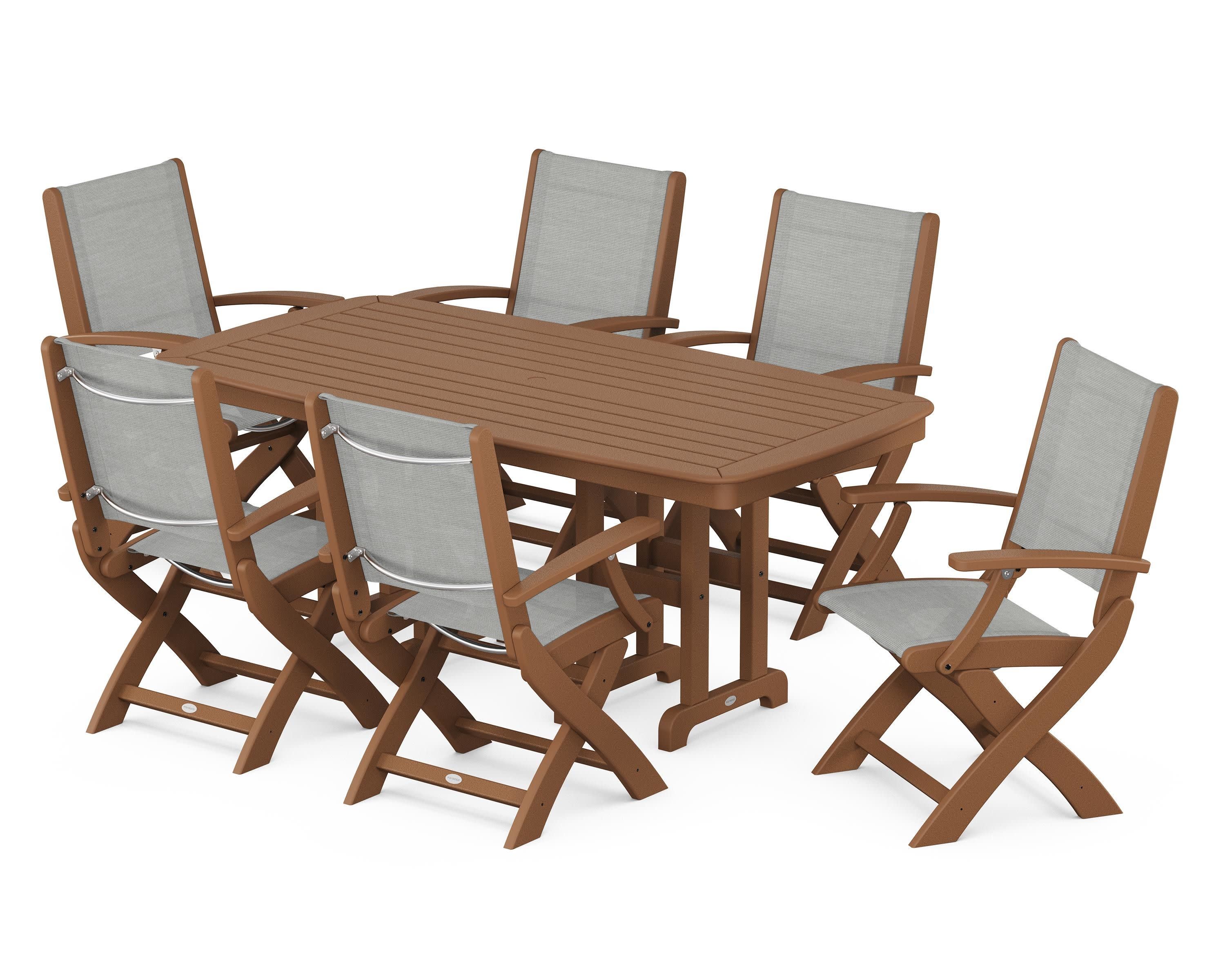 Coastal Folding Arm Chair 7-Piece Dining Set in Teak / Metallic Sling