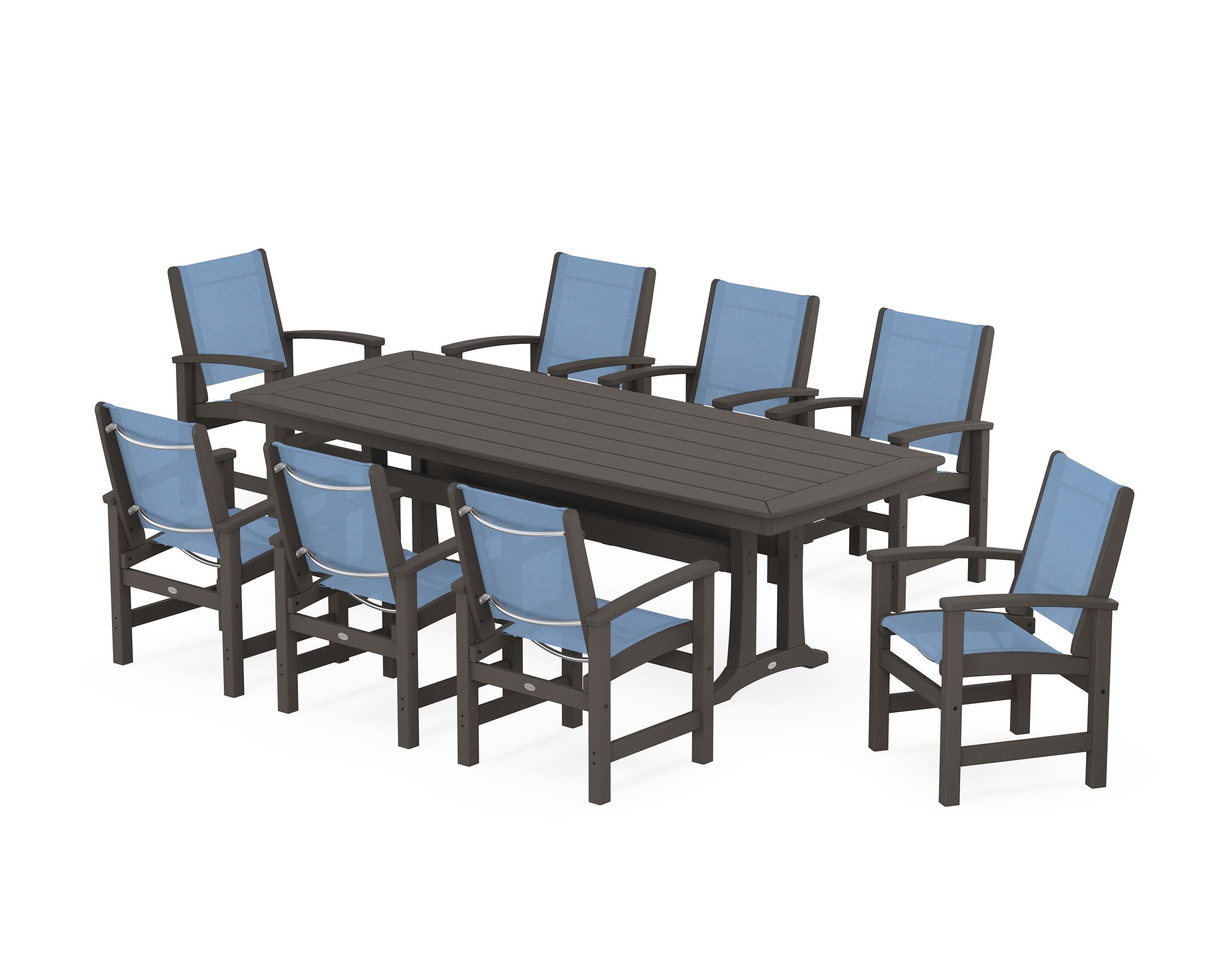 Coastal 9-Piece Dining Set with Trestle Legs in Vintage Coffee / Poolside Sling