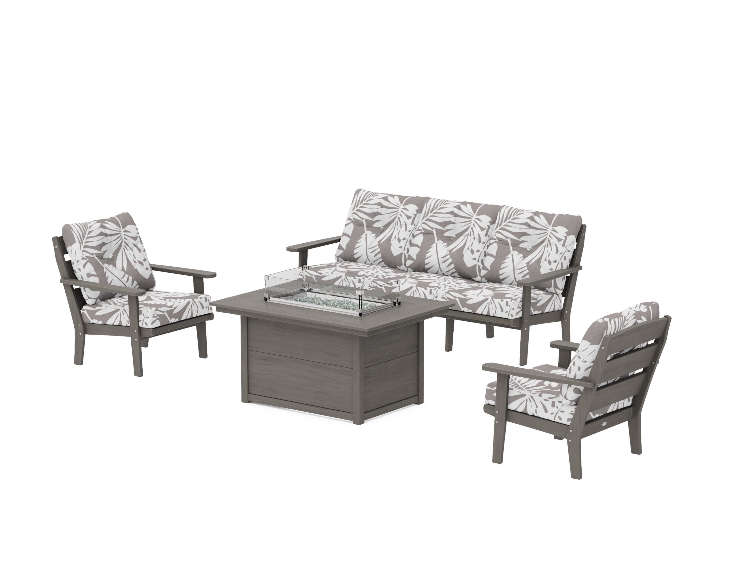 Lakeside Deep Seating Fire Pit Table Set in Driftwood / Leaf Grey Mist