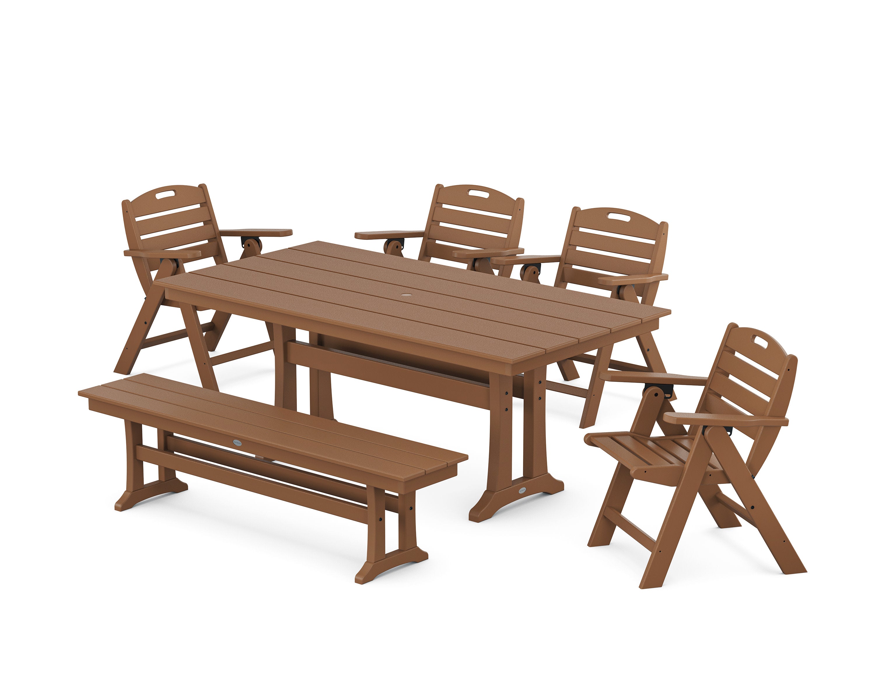 Nautical Lowback 6-Piece Farmhouse Dining Set with Trestle Legs and Bench in Teak
