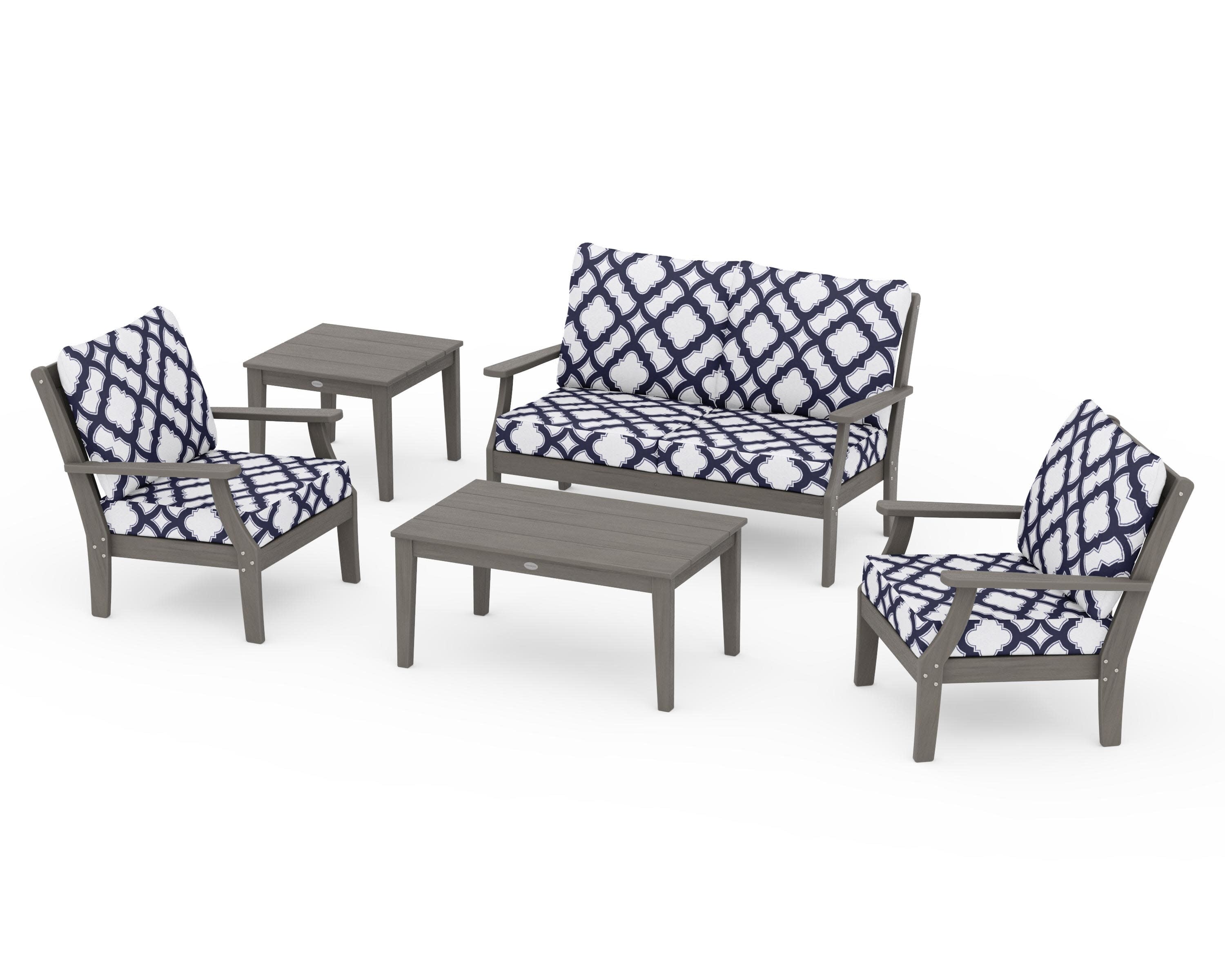 Braxton 5-Piece Deep Seating Set in Driftwood / Trellis Navy