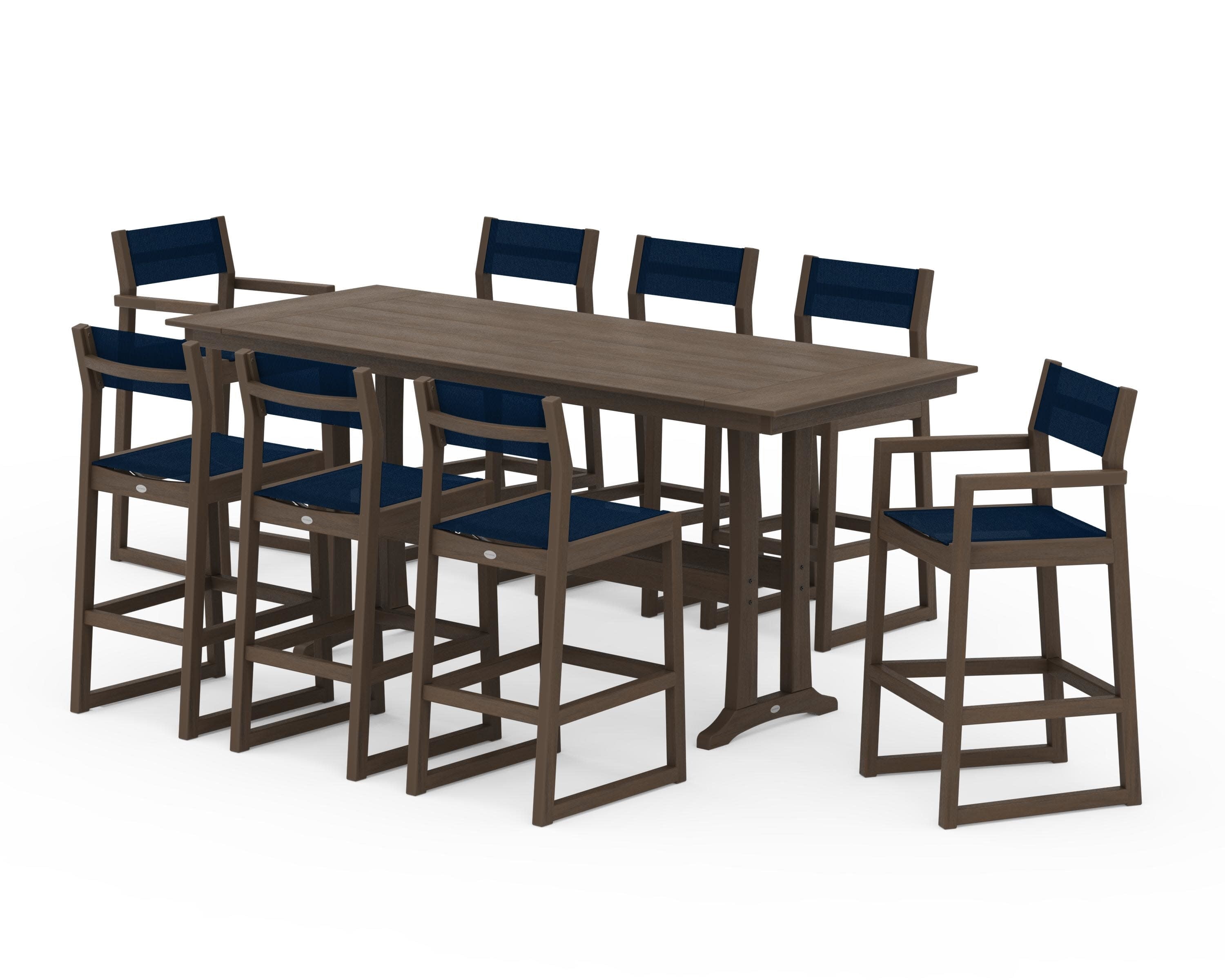 EDGE Sling 9-Piece Farmhouse Bar Set with Trestle Legs in Kona / Navy Blue Sling