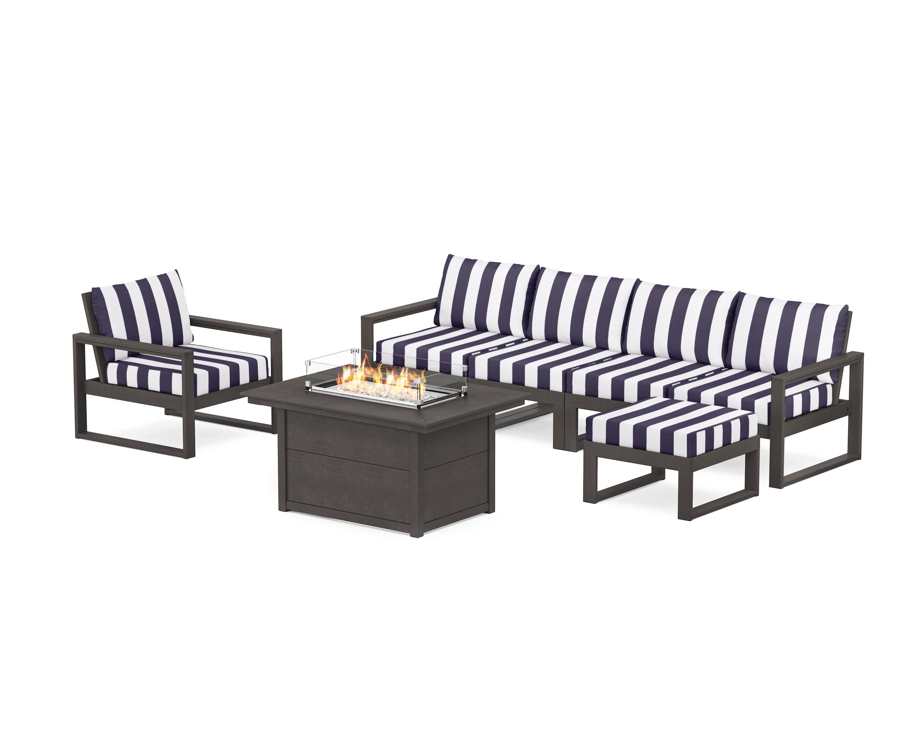 EDGE Sectional Lounge and Fire Pit Set in Vintage Coffee / Cabana Stripe Navy