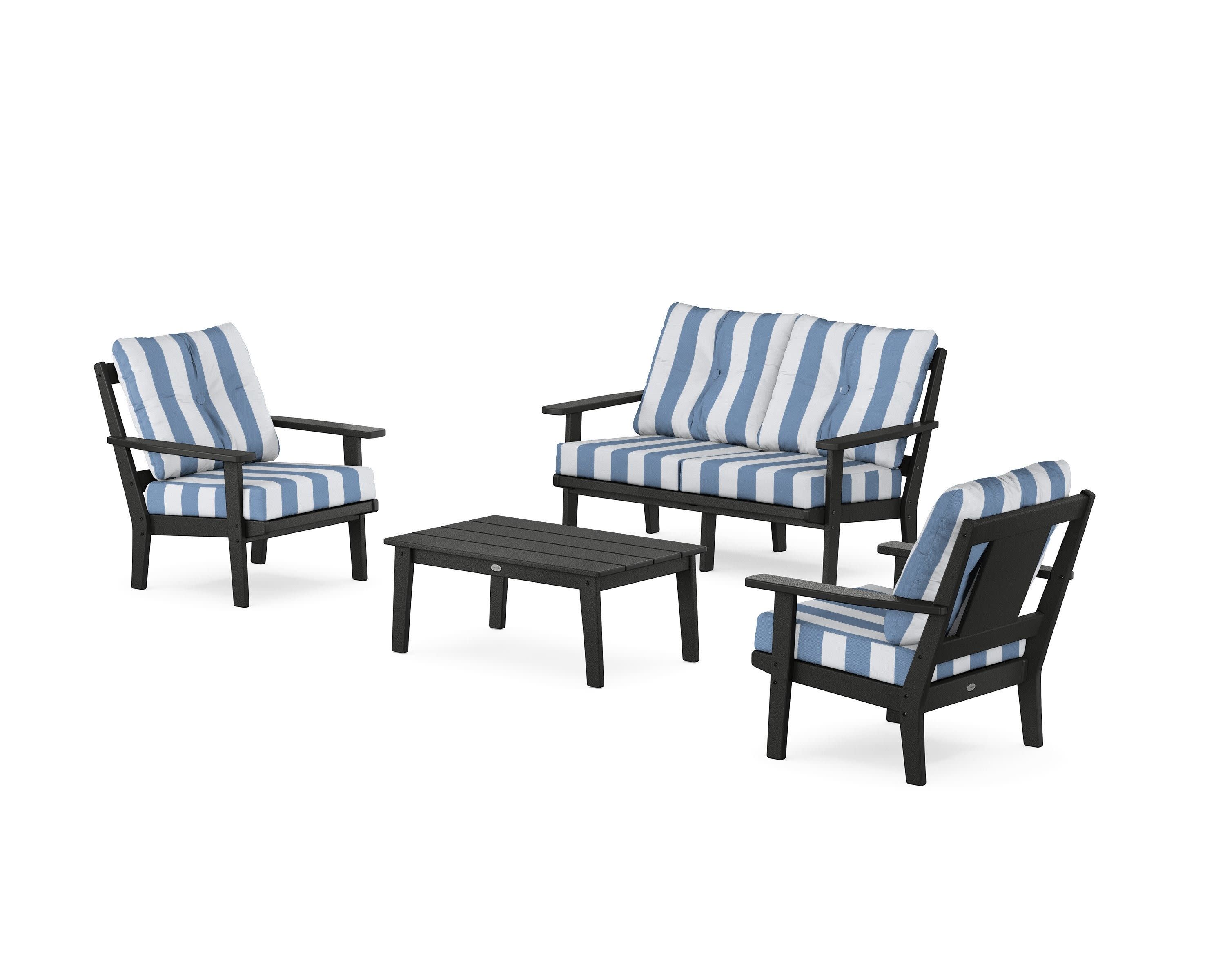 Prairie 4-Piece Deep Seating Set with Loveseat in Black / Cabana Stripe Sky Blue