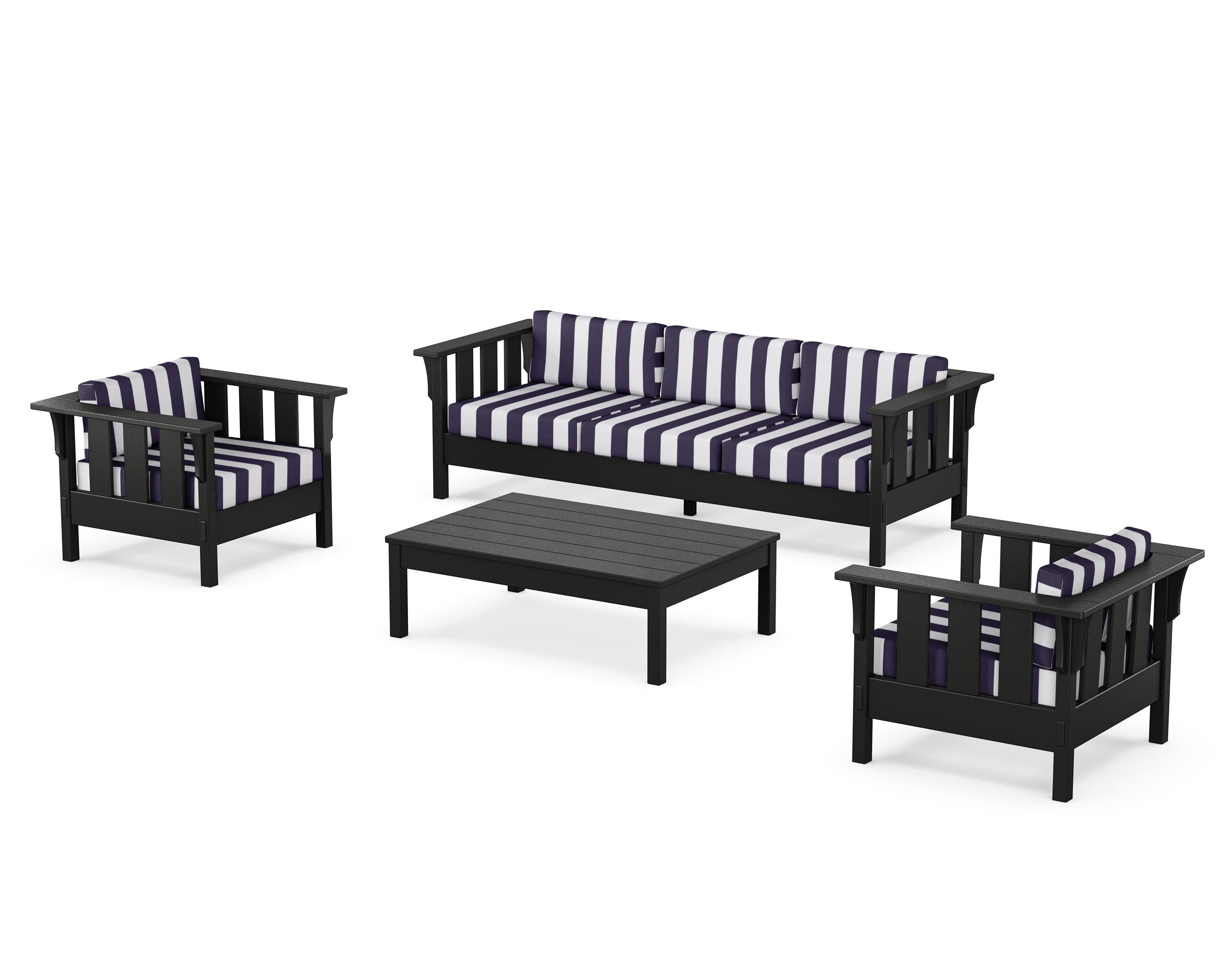 Acadia 4-Piece Deep Seating Set with Sofa in Black / Cabana Stripe Navy