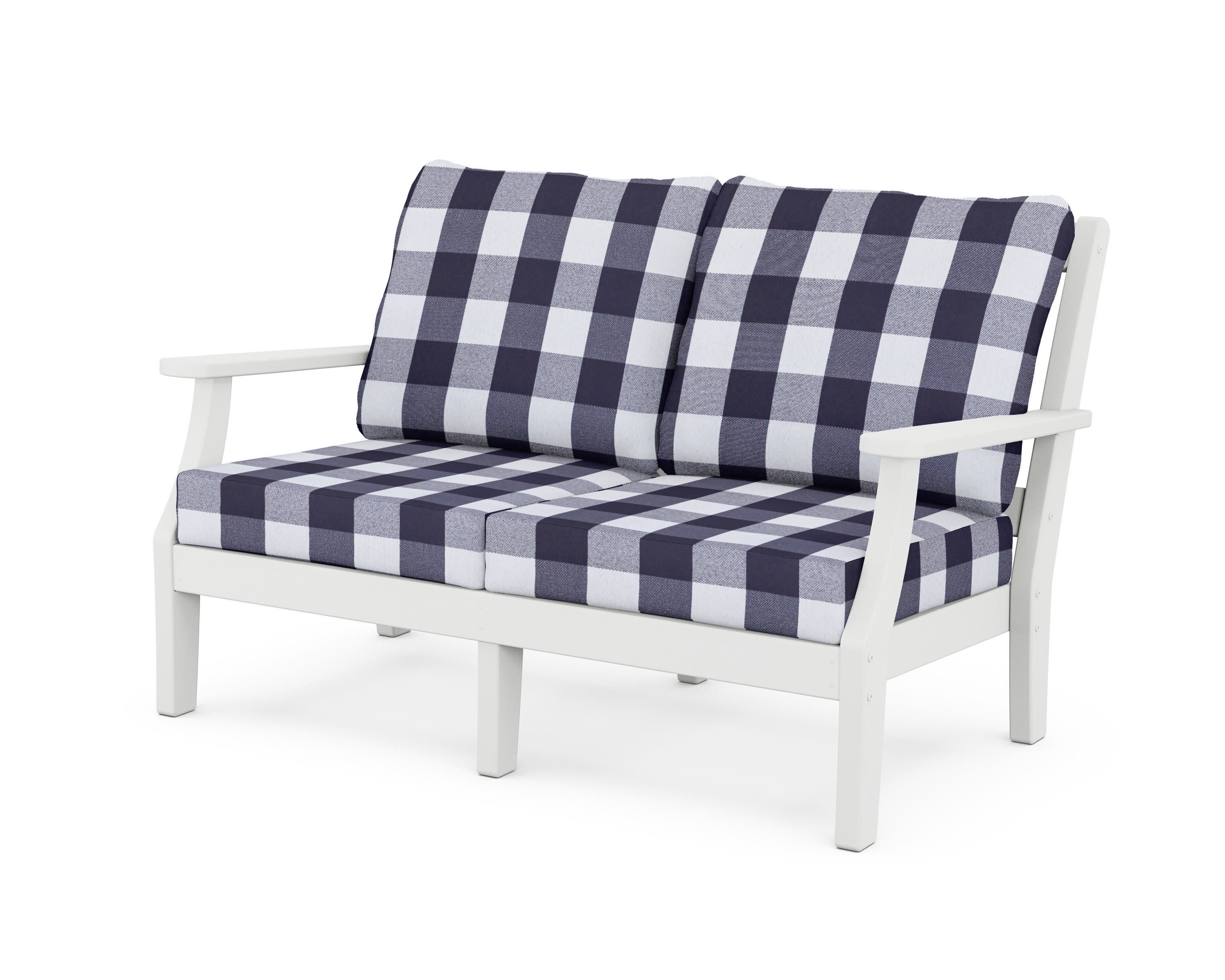 Chinoiserie Deep Seating Loveseat in White / Buffalo Plaid Navy