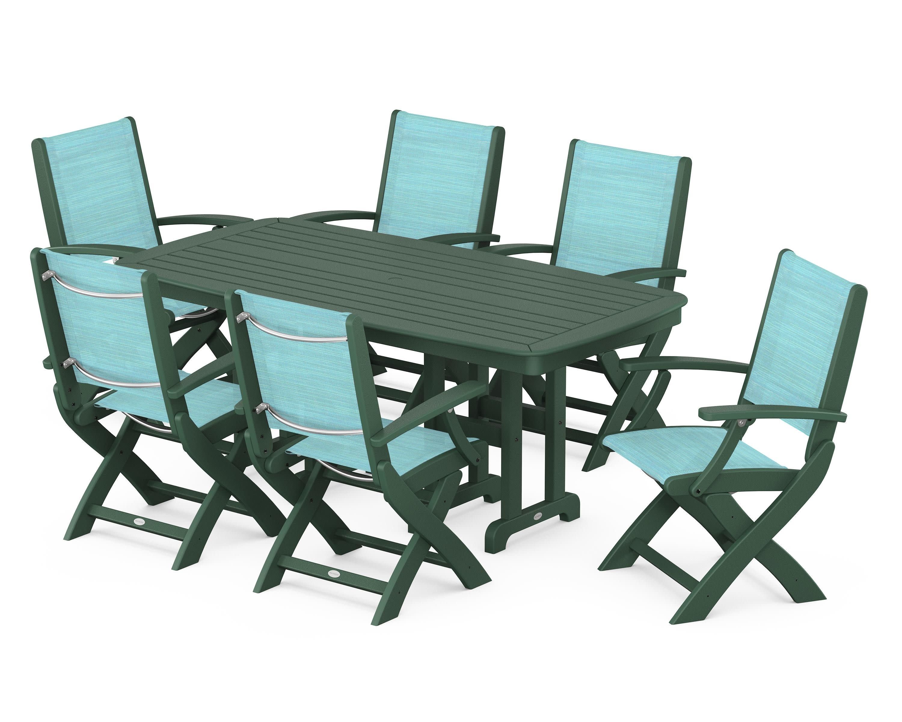 Coastal Folding Arm Chair 7-Piece Dining Set in Green / Dupioni Aquamarine Sling