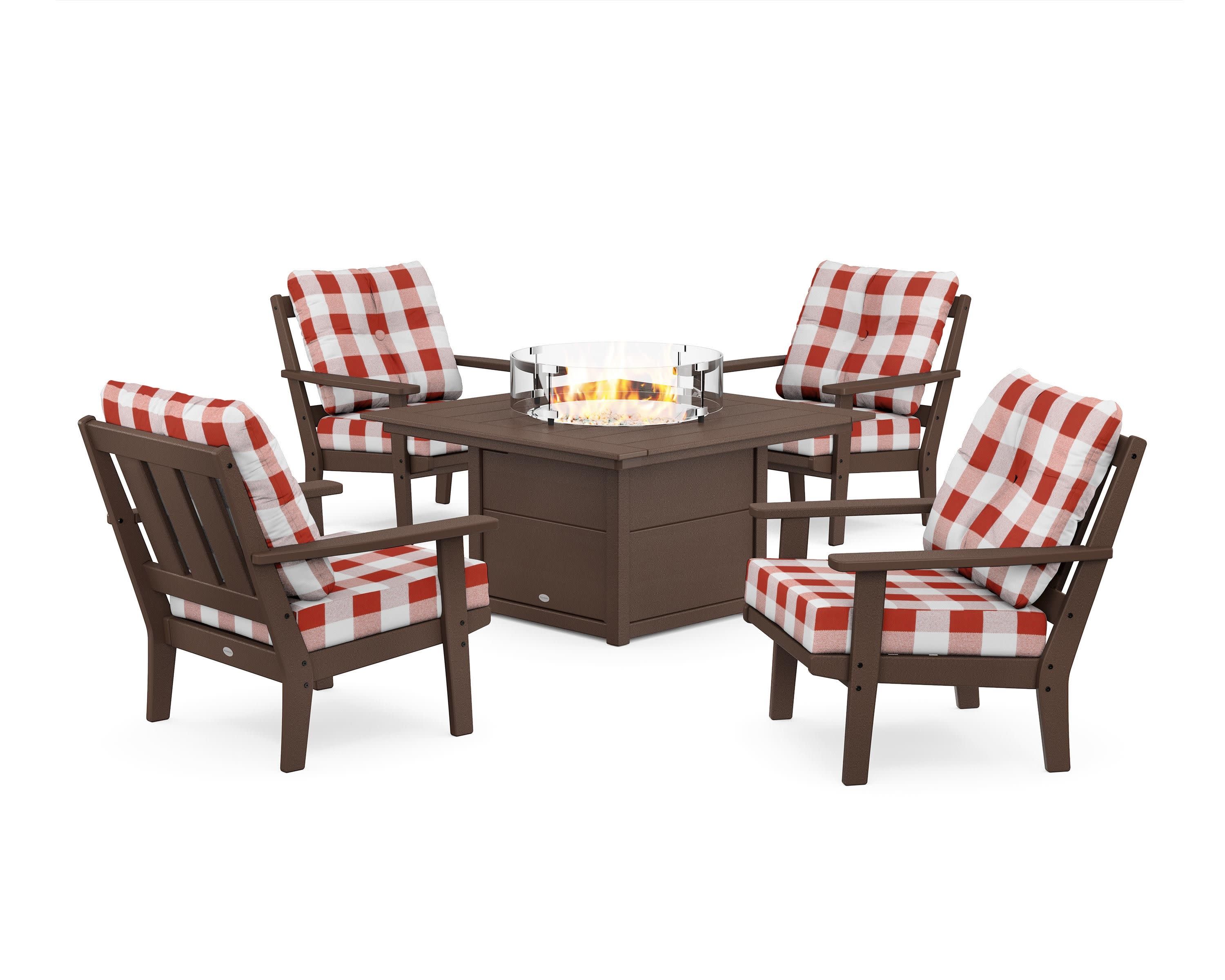 Oxford 5-Piece Deep Seating Set with Fire Pit Table in Mahogany / Buffalo Plaid Crimson