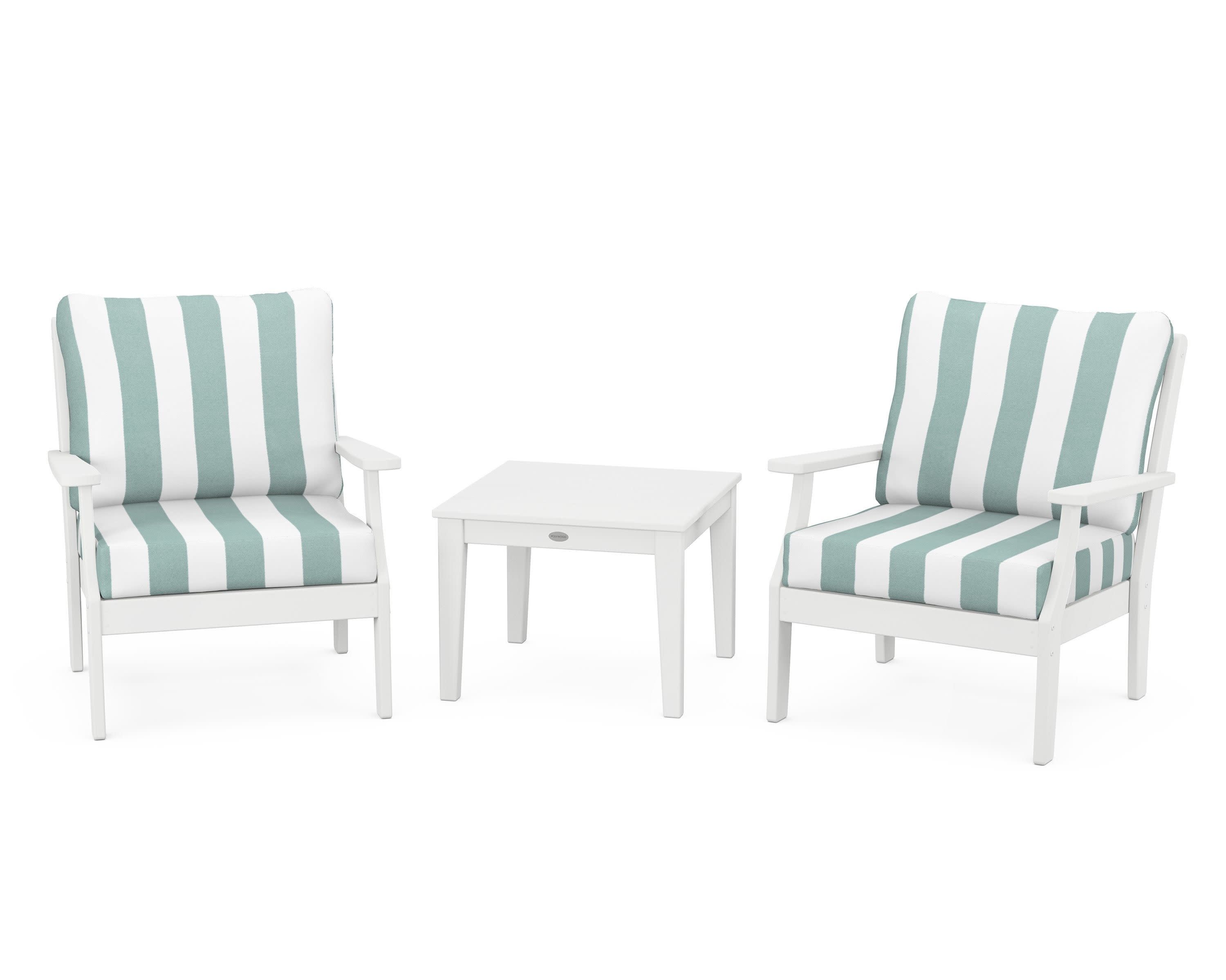 Braxton 3-Piece Deep Seating Set in White / Cabana Stripe Glacier Spa