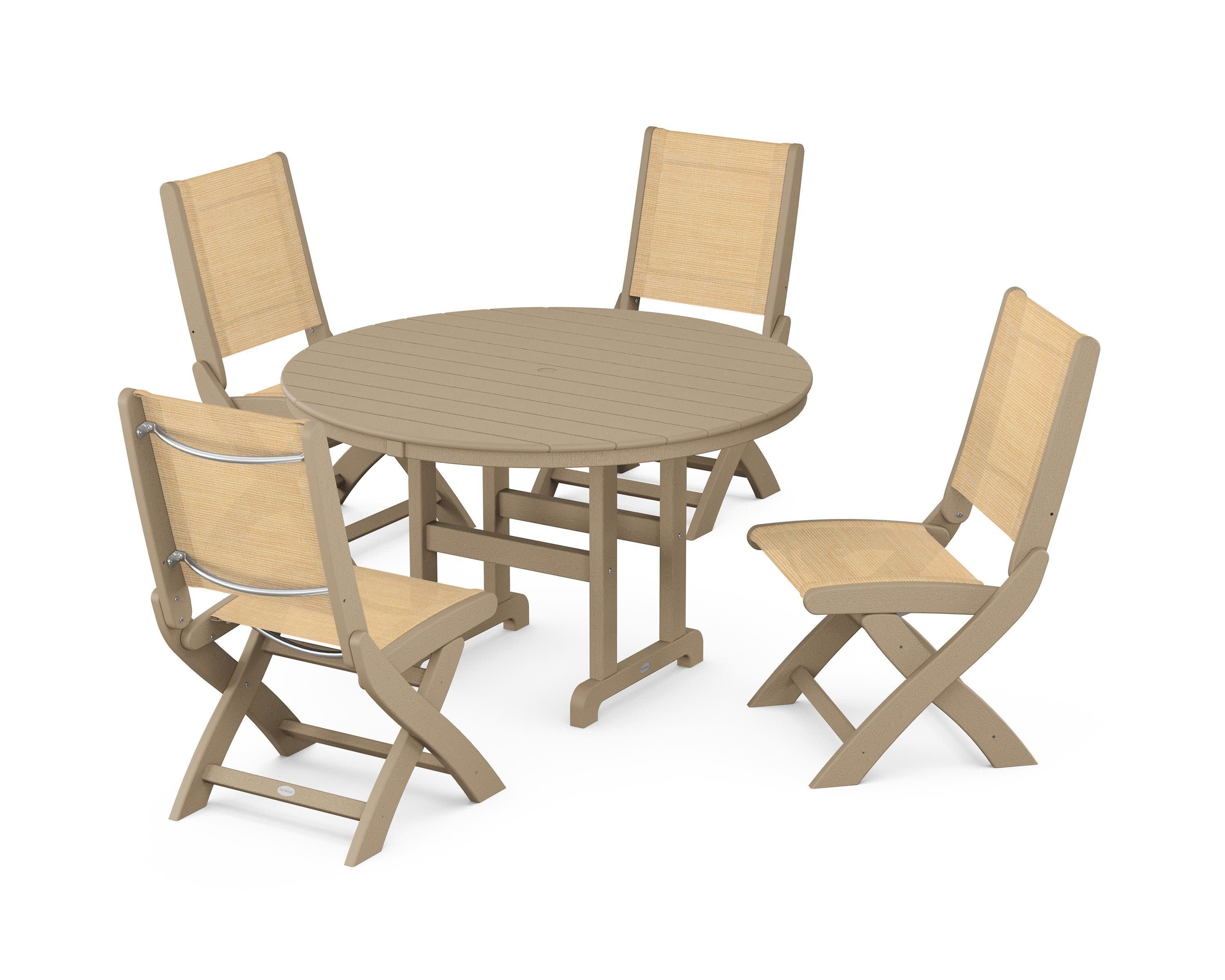 Coastal Folding Side Chair 5-Piece Round Dining Set in Vintage Sahara / Dupioni Apricot Sling