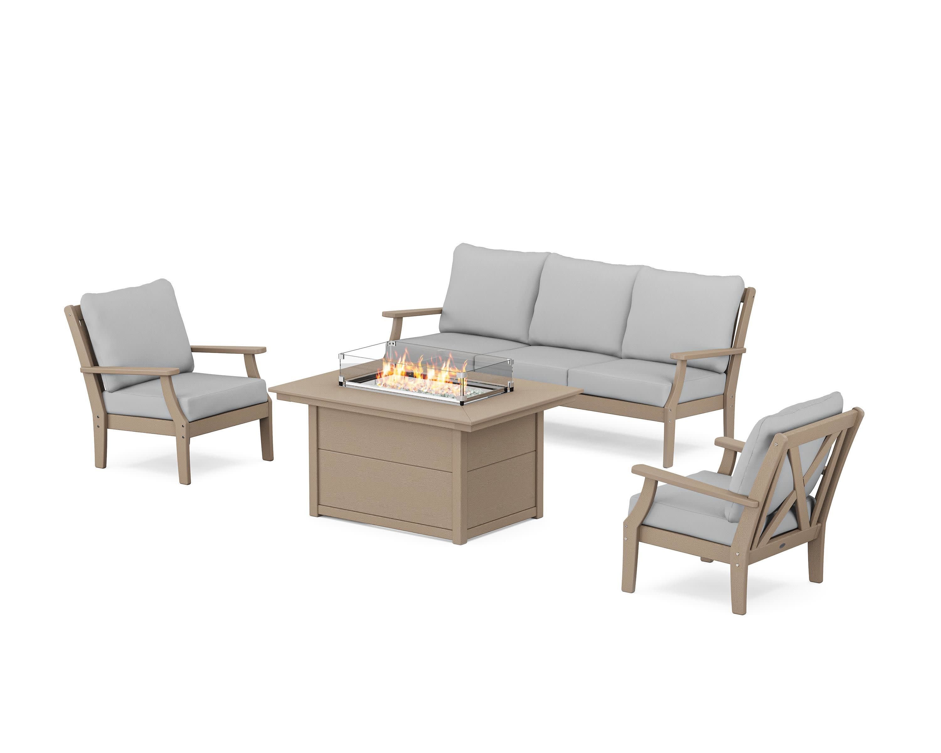 Braxton Deep Seating Fire Pit Table Set in Vintage Sahara / Spiced Burlap