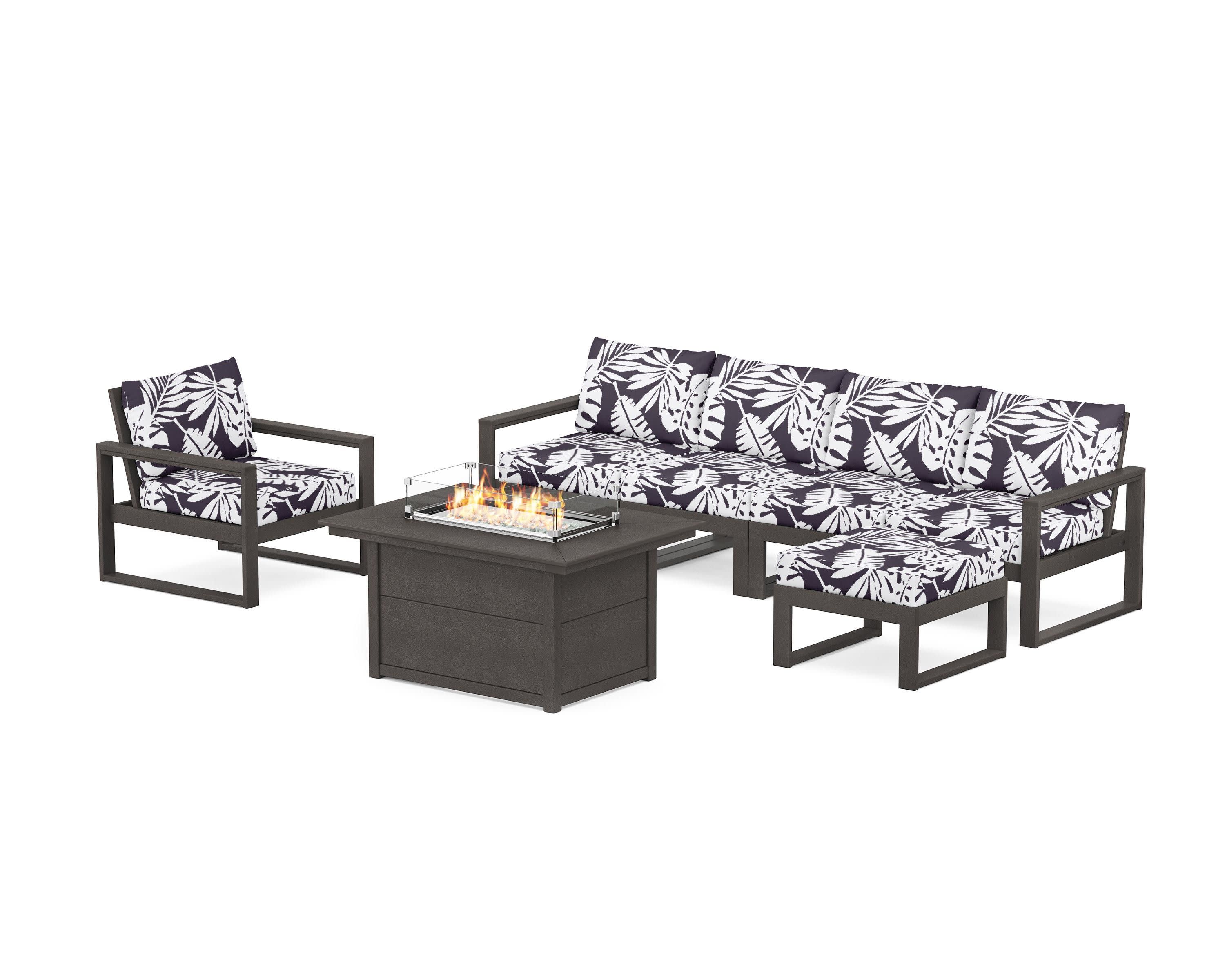 EDGE Sectional Lounge and Fire Pit Set in Vintage Coffee / Leaf Navy
