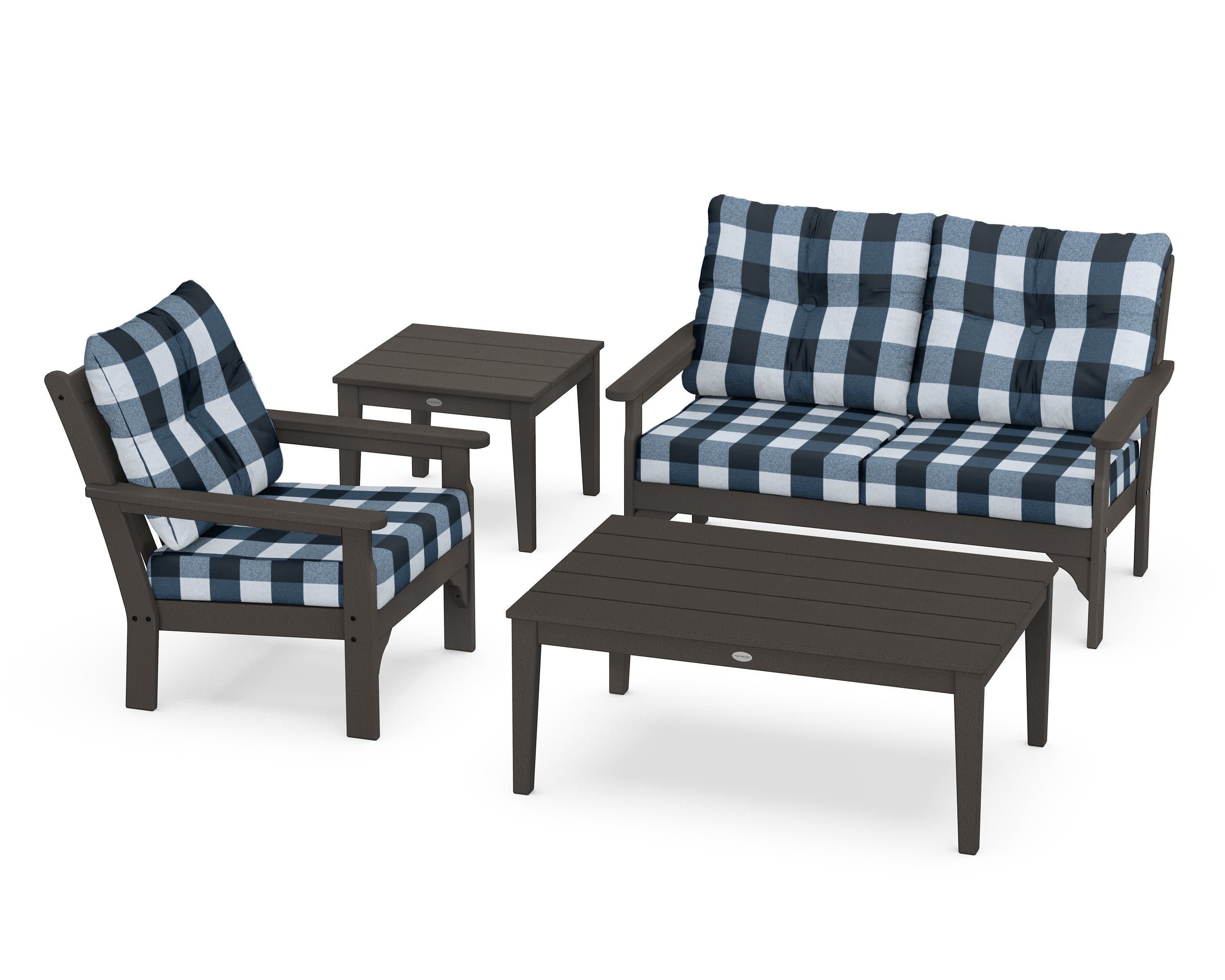 Vineyard 4-Piece Deep Seating Set in Vintage Coffee / Buffalo Plaid Marine Indigo