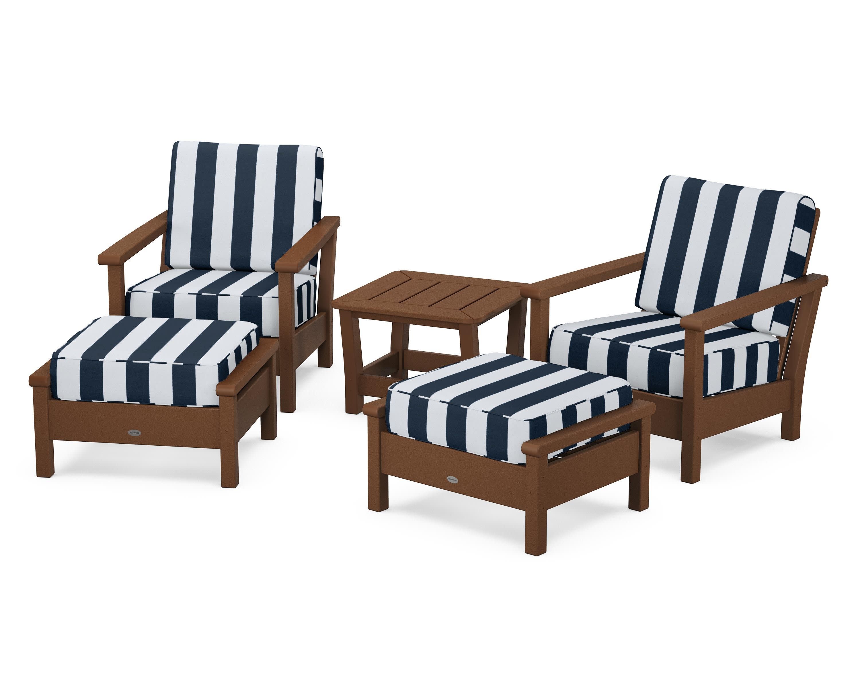 Harbour 5-Piece Deep Seating Chair Set in Teak / Cabana Stripe Marine Indigo