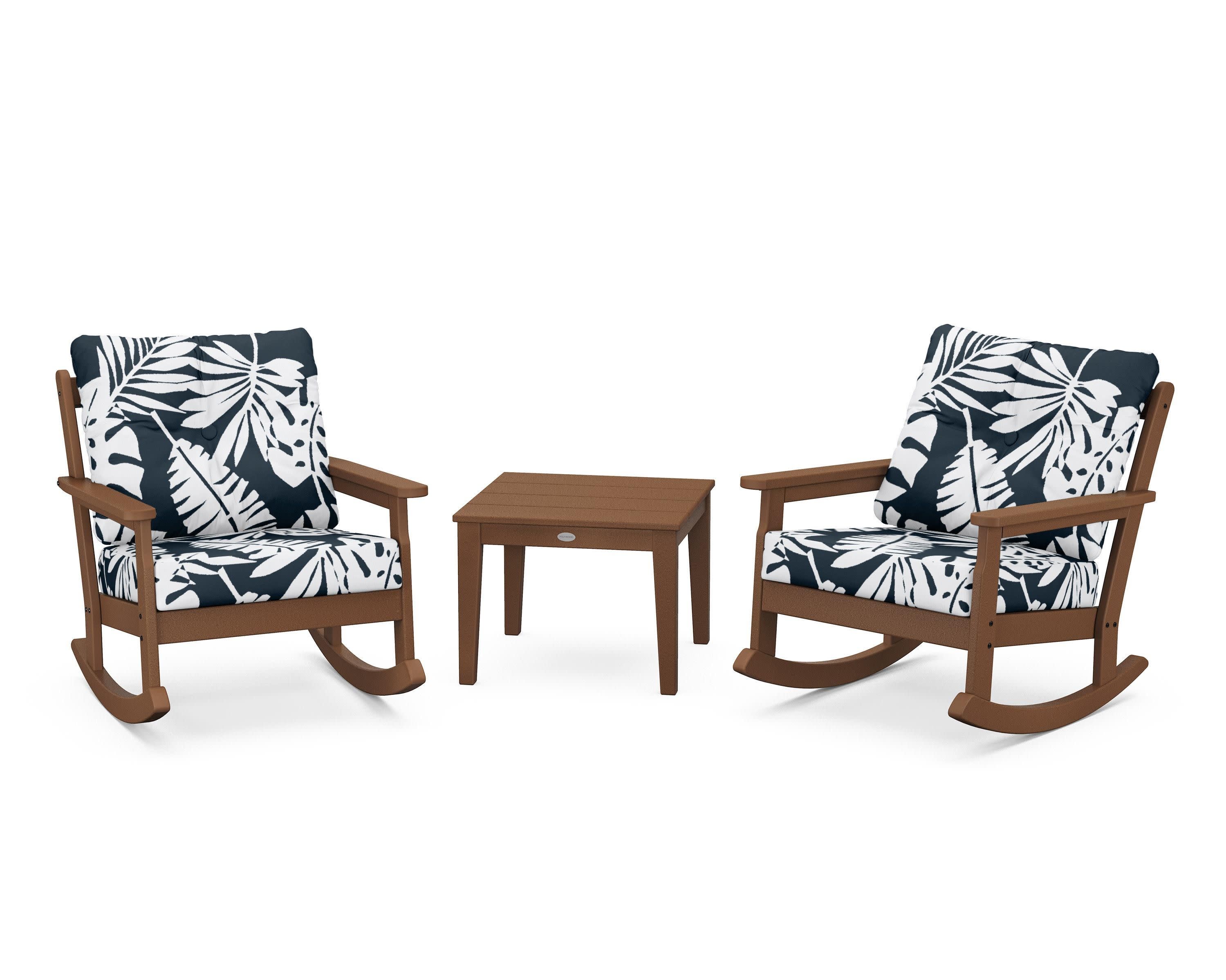 Vineyard 3-Piece Deep Seating Rocker Set in Teak / Leaf Marine Indigo