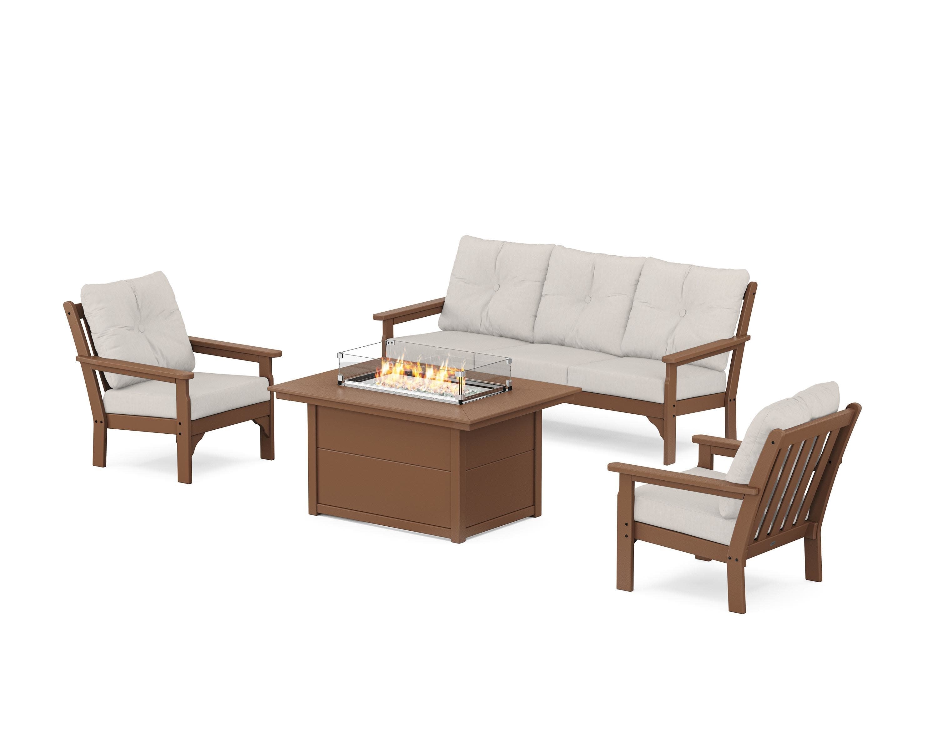 Vineyard Deep Seating Fire Pit Table Set in Teak / Cast Ash