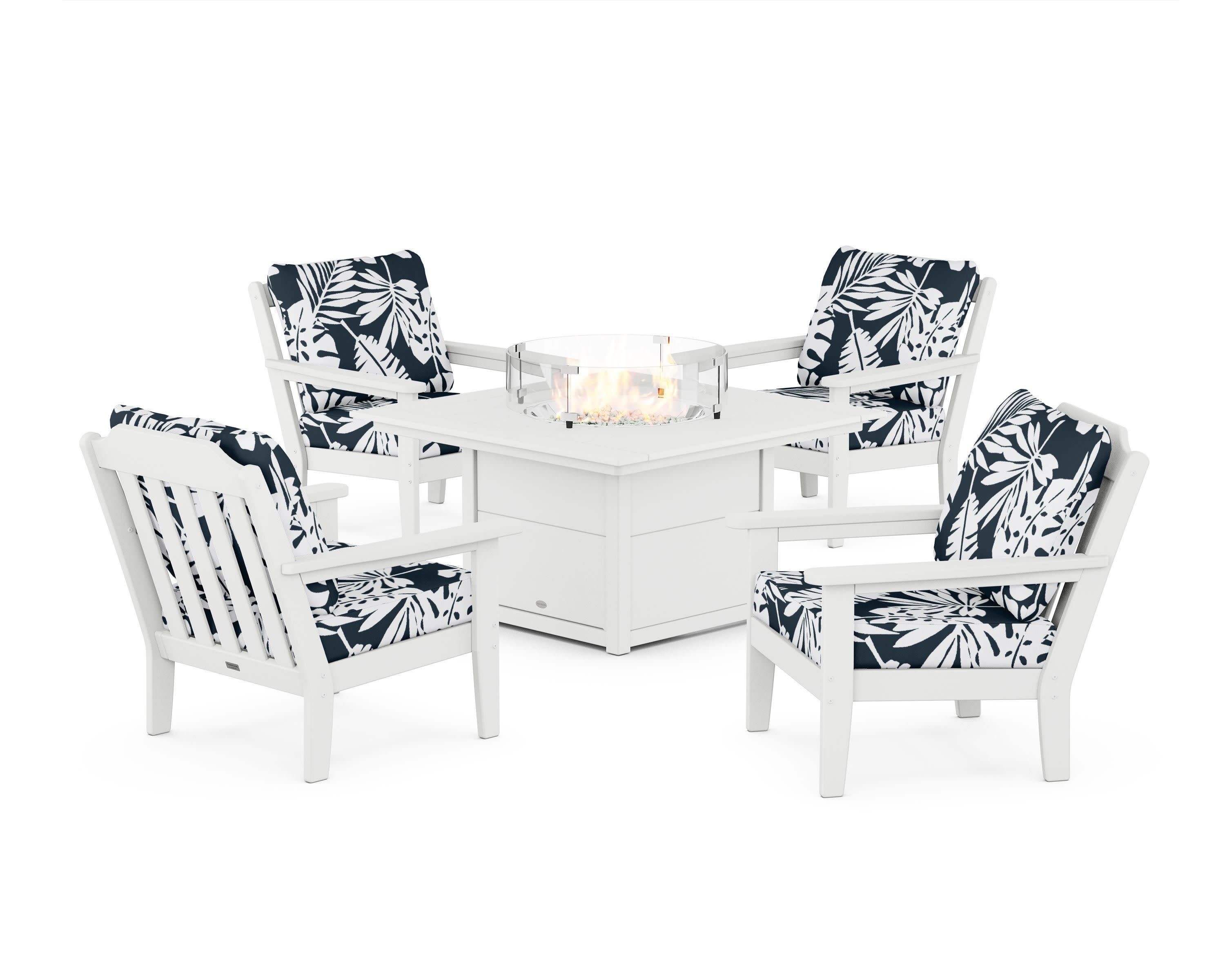 Cottage 5-Piece Deep Seating Set with Fire Pit Table in White / Leaf Marine Indigo
