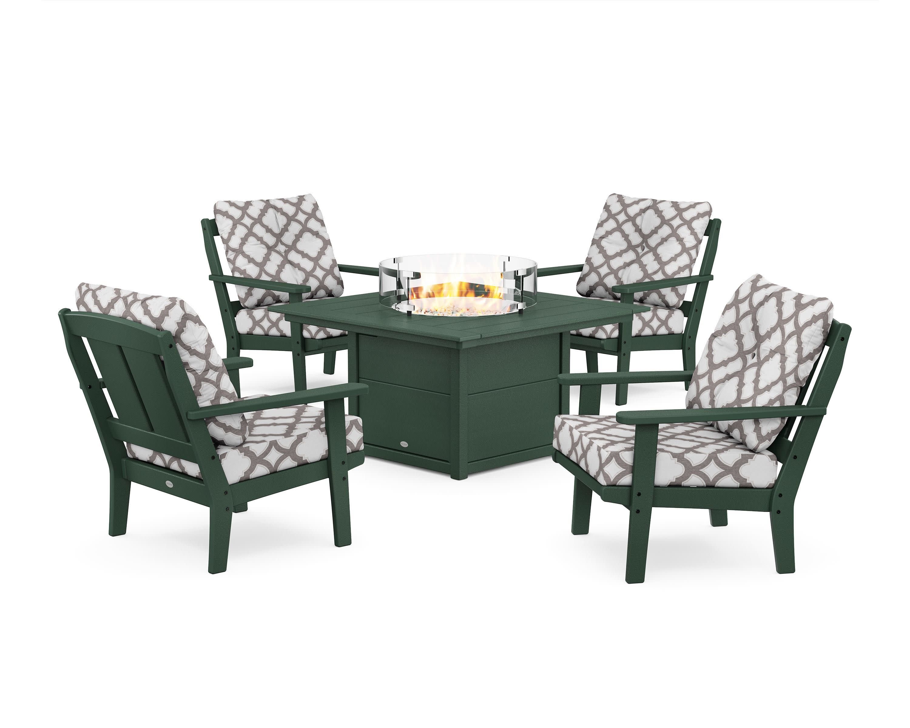 Mission 5-Piece Deep Seating Set with Fire Pit Table in Green / Trellis Grey Mist