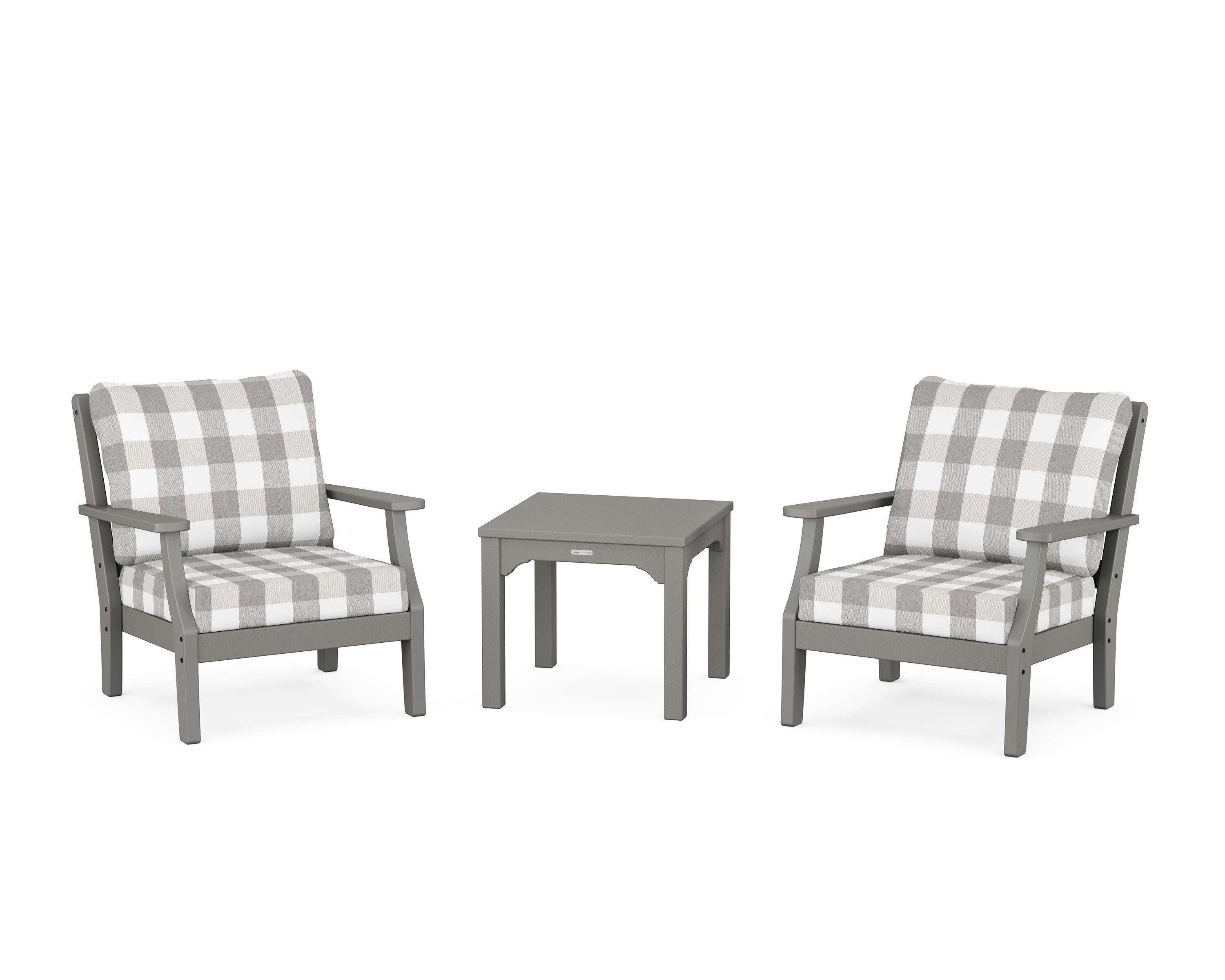 Chinoiserie 3-Piece Deep Seating Set in Slate Grey / Buffalo Plaid Grey Mist