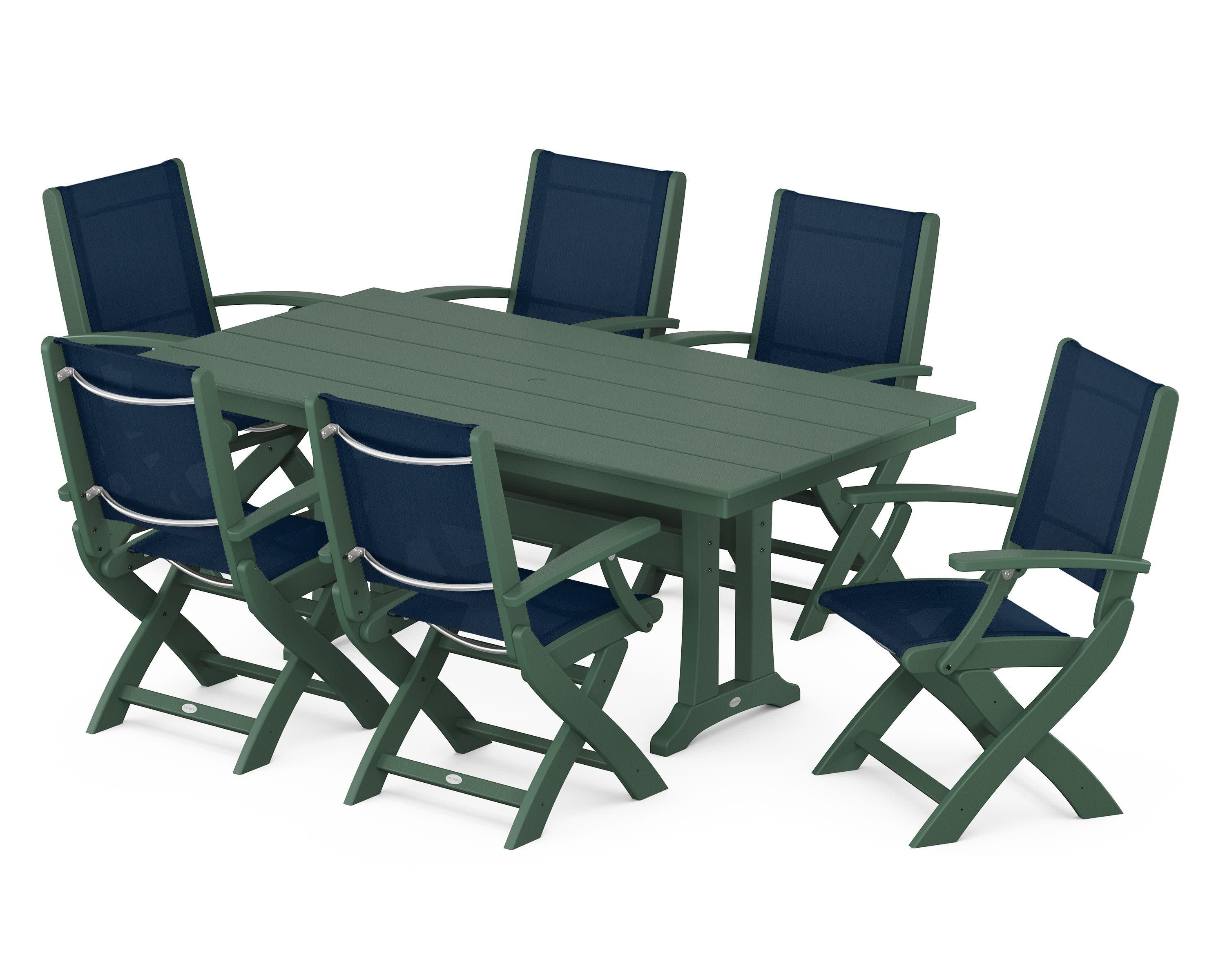 Coastal Folding Arm Chair 7-Piece Farmhouse Dining Set with Trestle Legs in Green / Navy Blue Sling