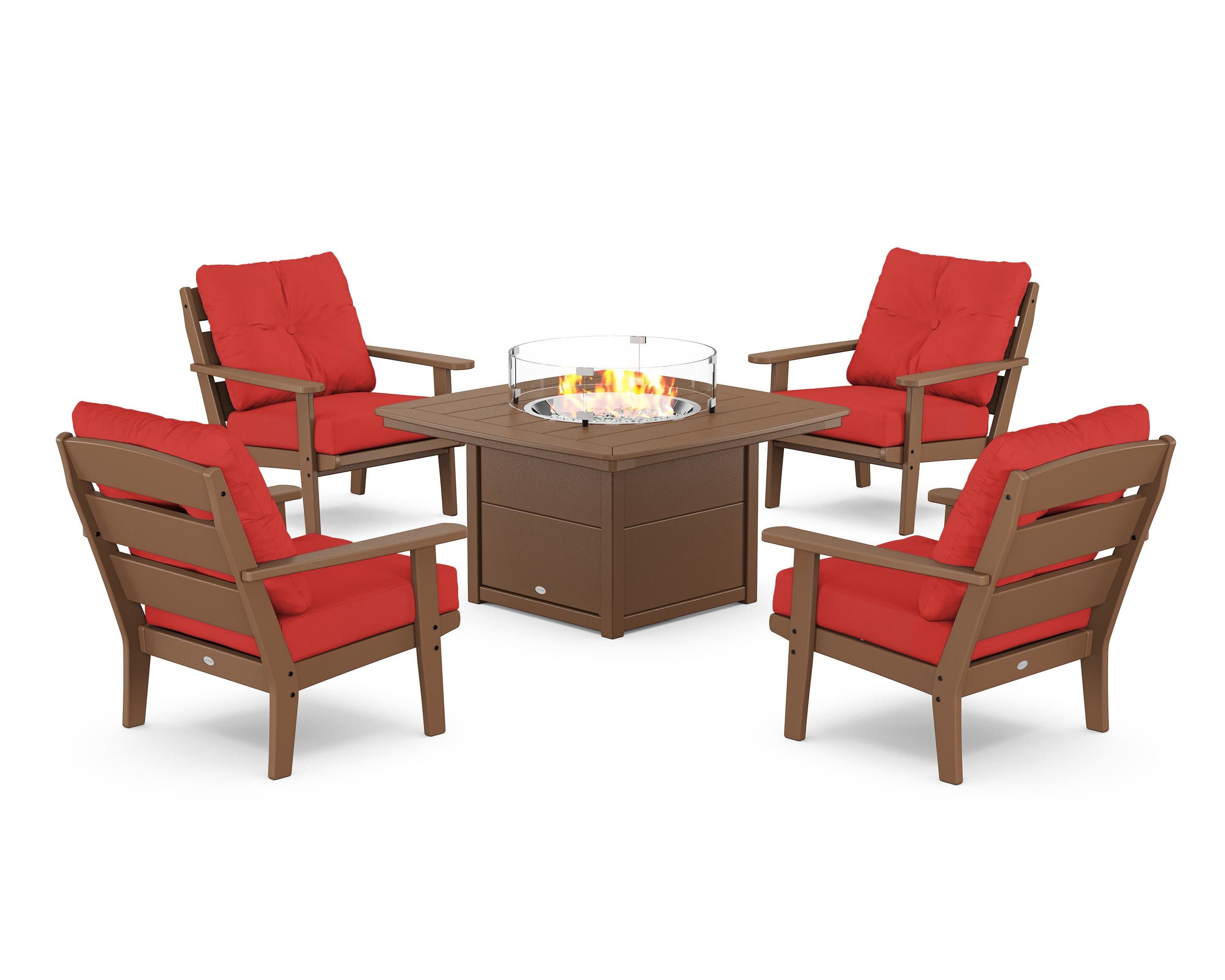 Lakeside 5-Piece Deep Seating Set with Nautical Fire Pit Table in Teak / Crimson Linen