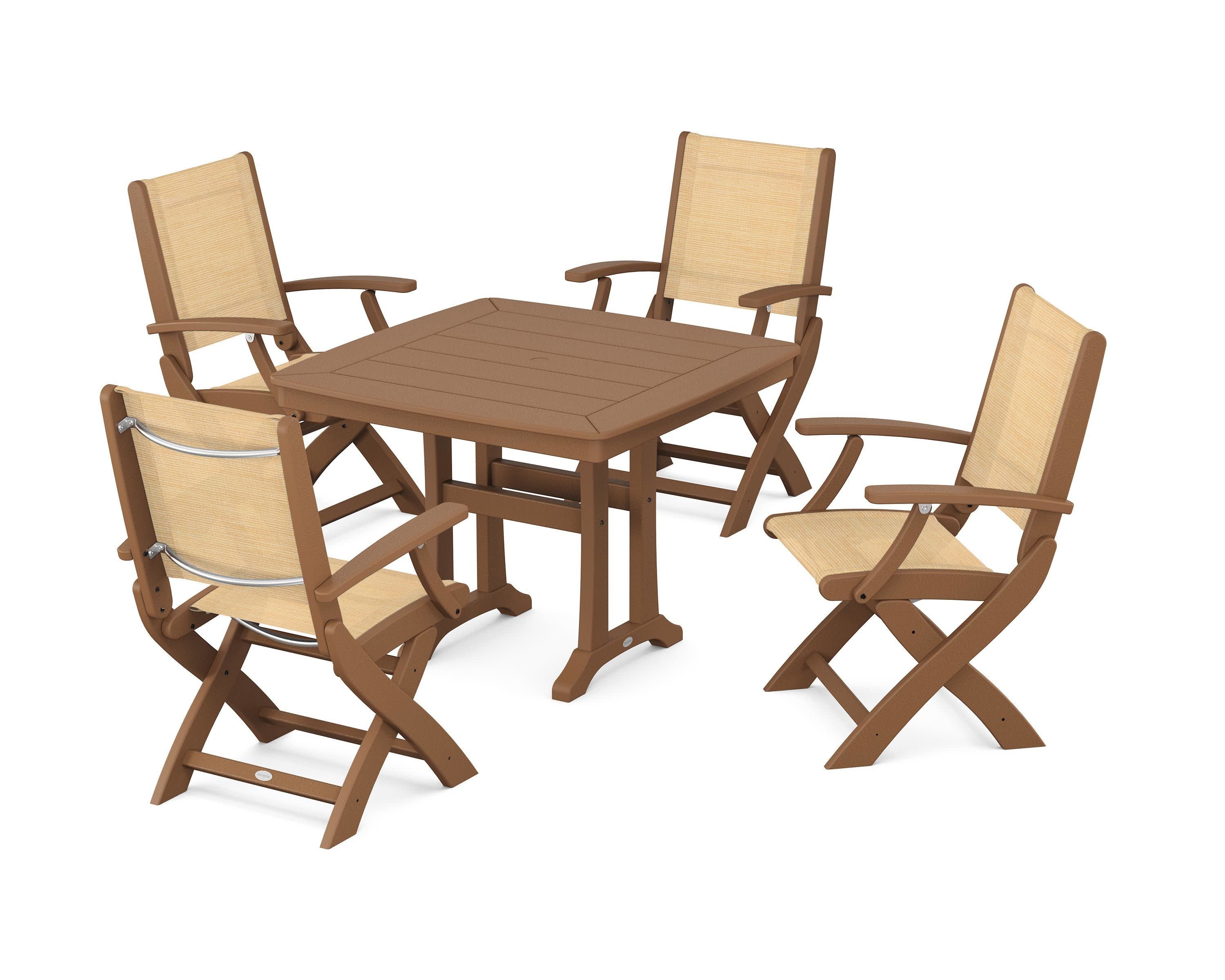 Coastal Folding Chair 5-Piece Dining Set with Trestle Legs in Teak / Dupioni Apricot Sling