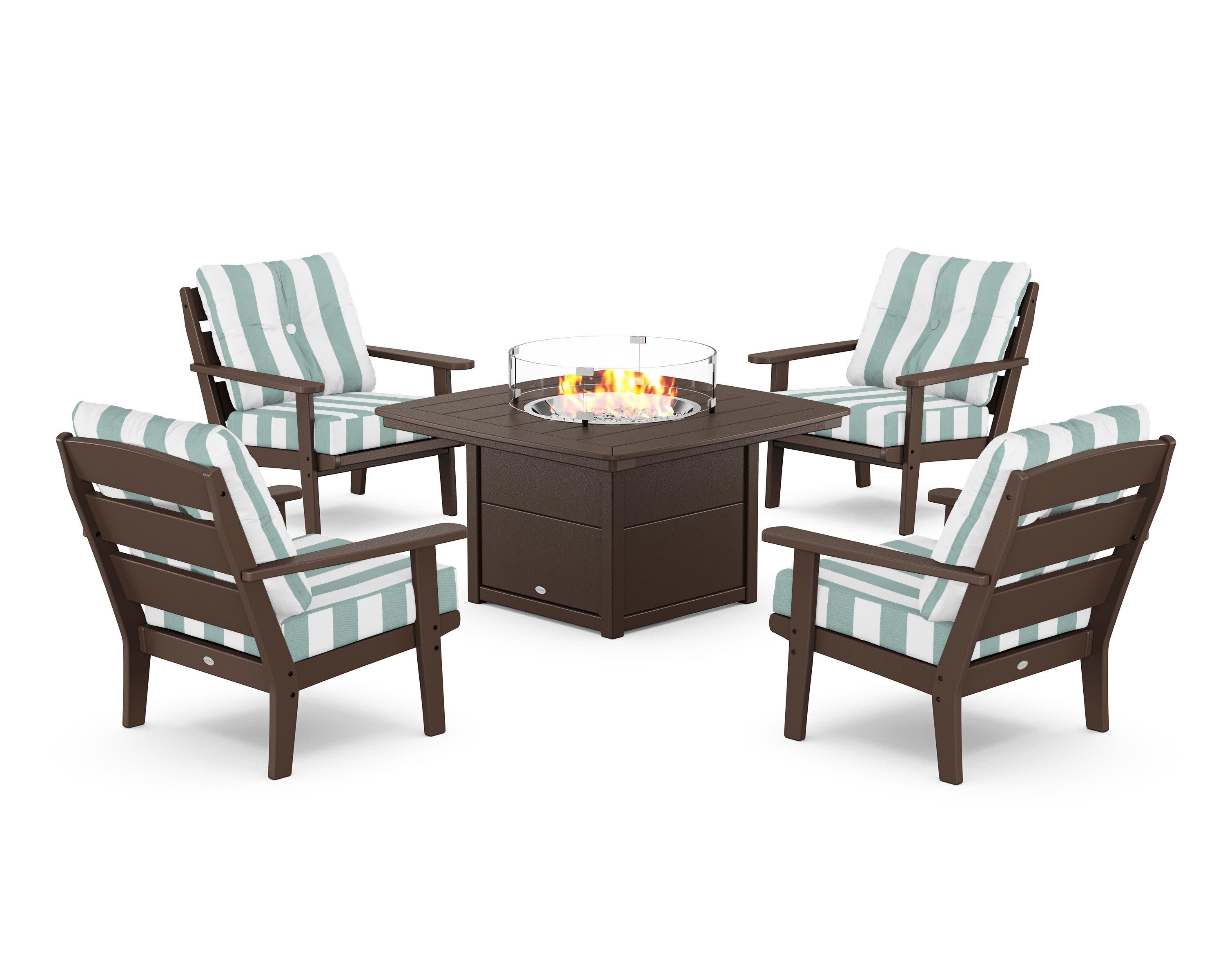 Lakeside 5-Piece Deep Seating Set with Nautical Fire Pit Table in Mahogany / Cabana Stripe Glacier Spa