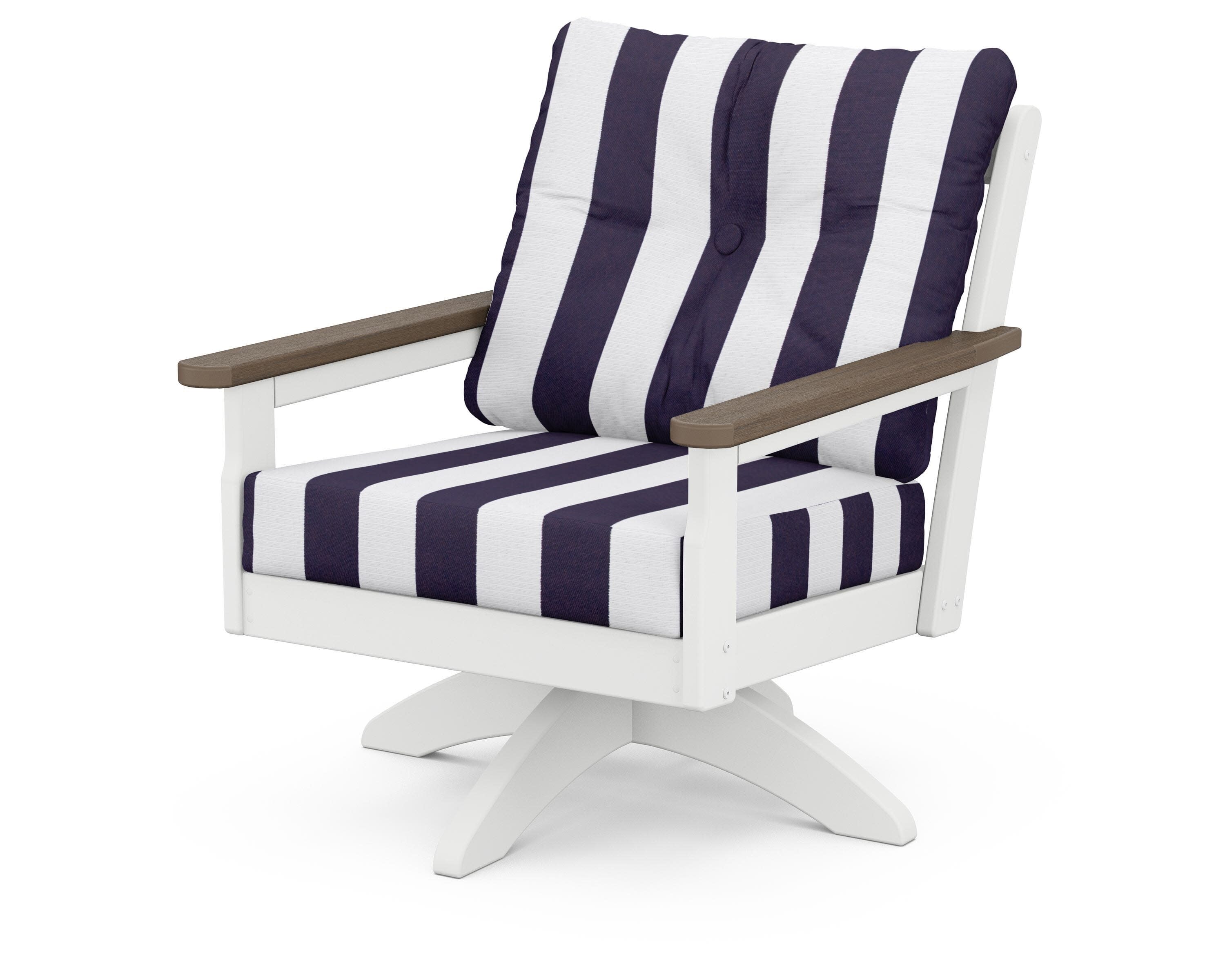 Vineyard Deep Seating Swivel Chair in White / Kona / Cabana Stripe Navy
