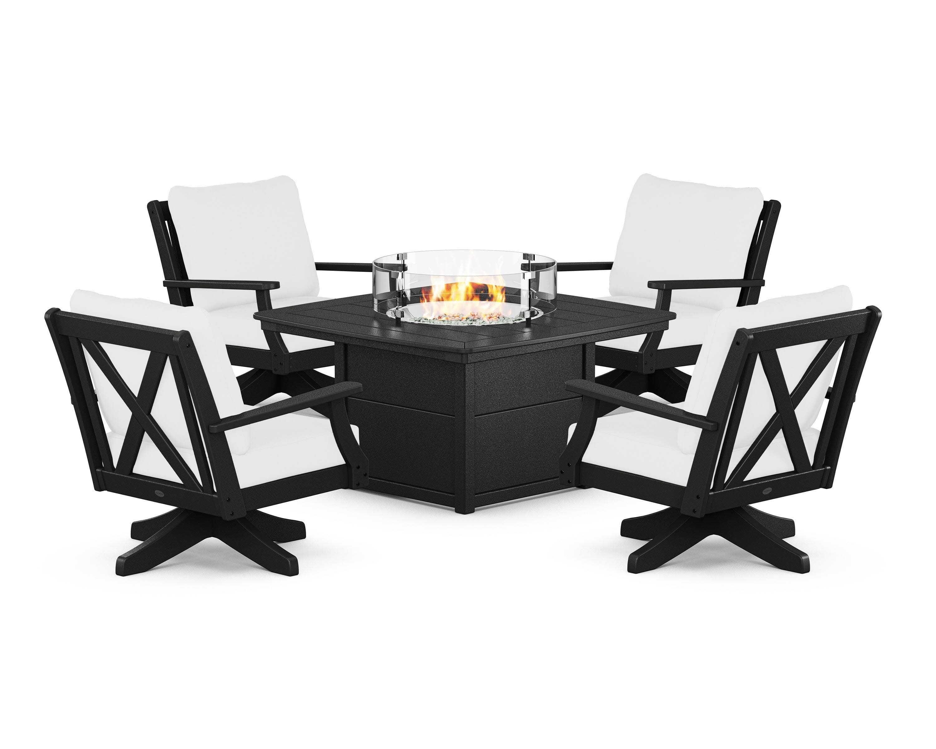 Braxton 5-Piece Deep Seating Swivel Conversation Set with Fire Pit Table in Black / Natural