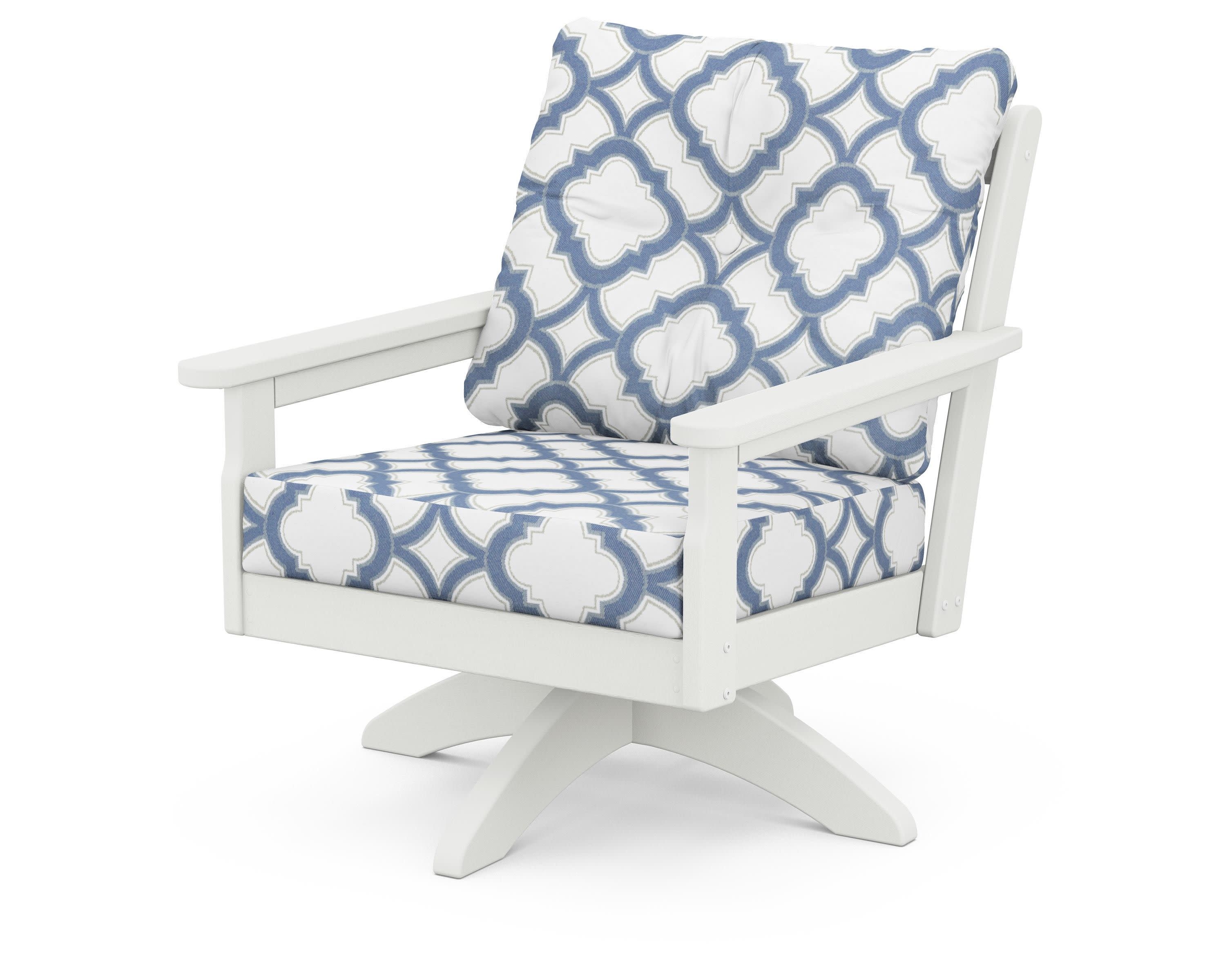 Vineyard Deep Seating Swivel Chair in Vintage White / Trellis Sky Blue