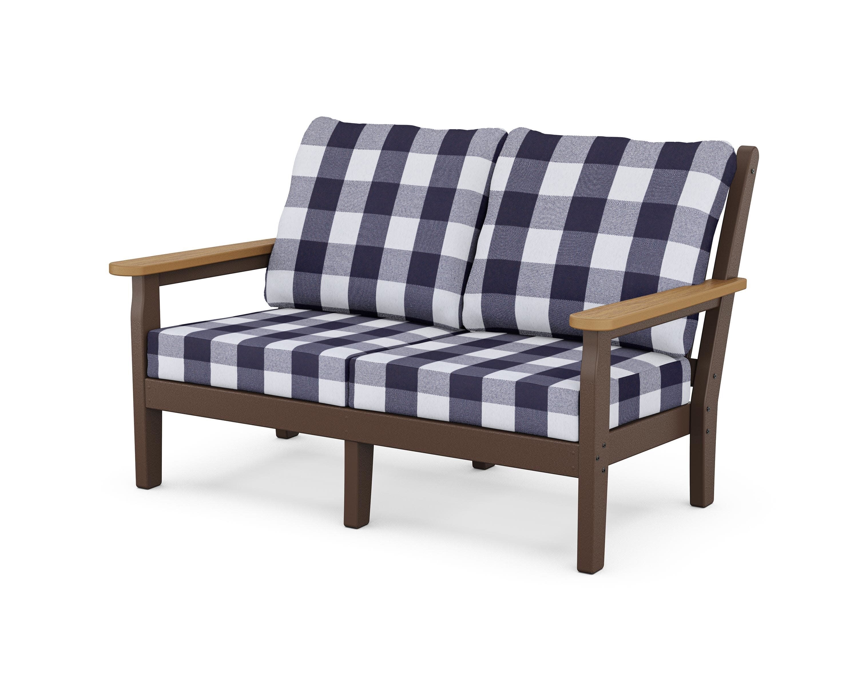 Chippendale Deep Seating Loveseat in Mahogany / Natural / Buffalo Plaid Navy