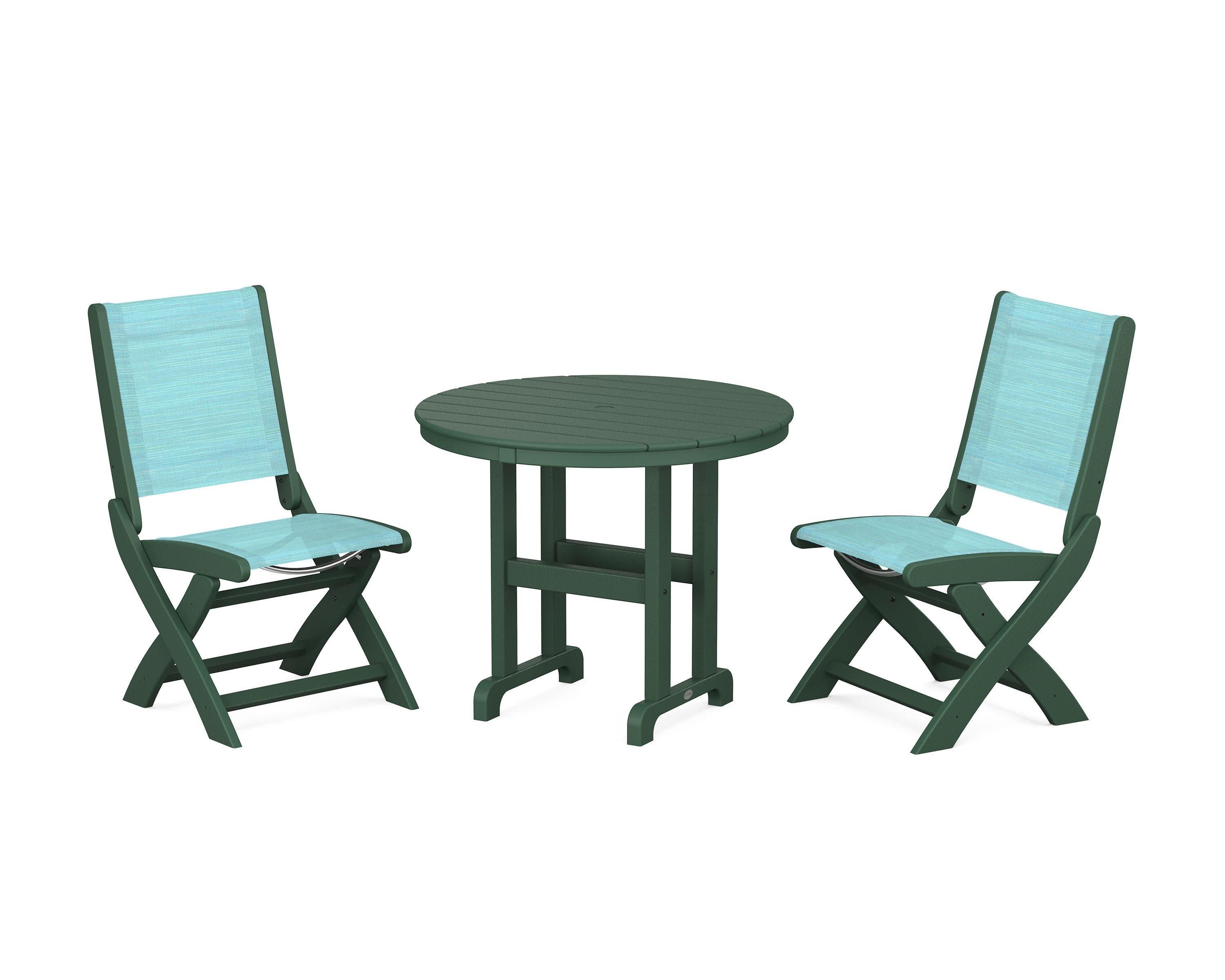 Coastal Folding Side Chair 3-Piece Round Dining Set in Green / Dupioni Aquamarine Sling