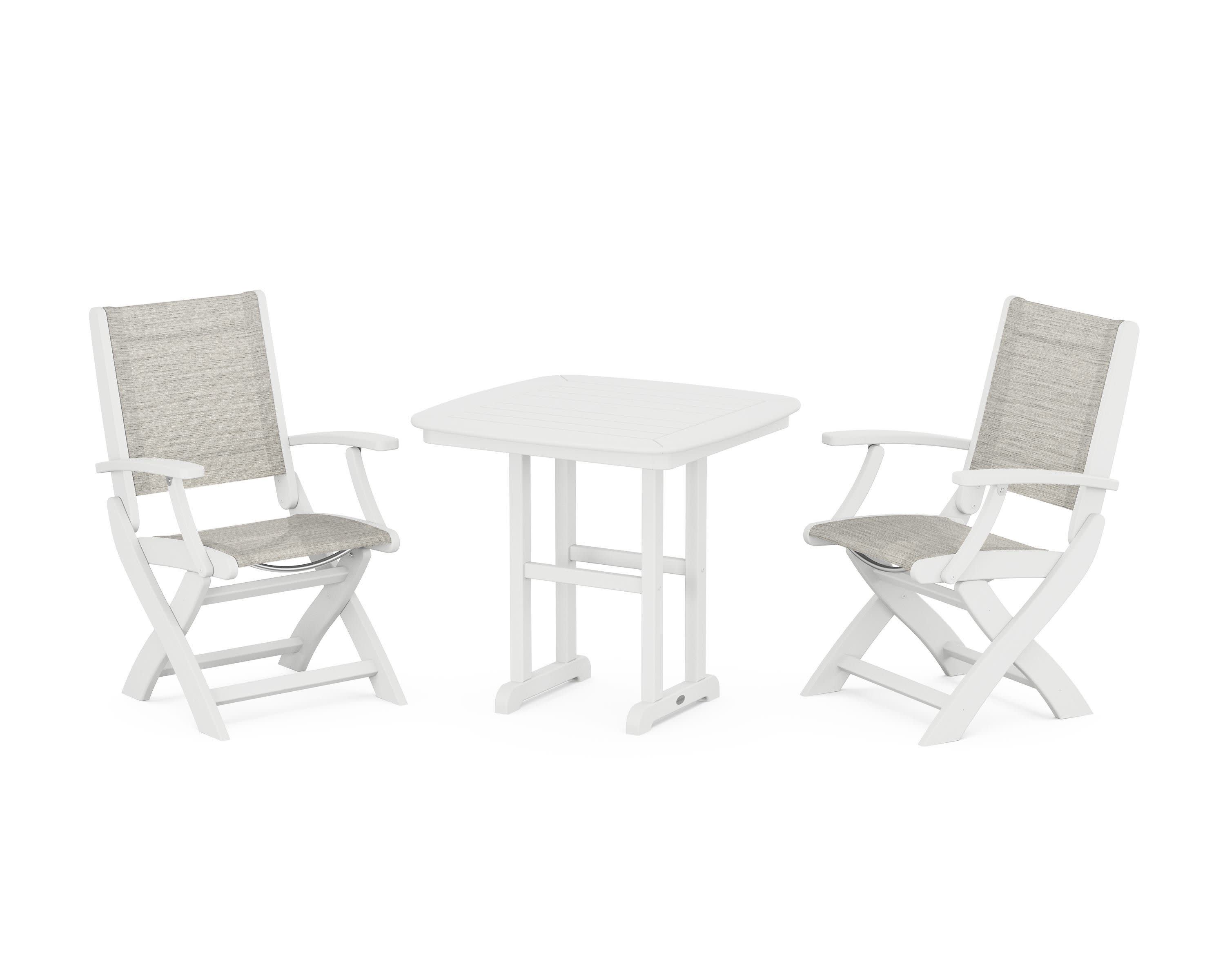 Coastal Folding Chair 3-Piece Dining Set in White / Birch Sling